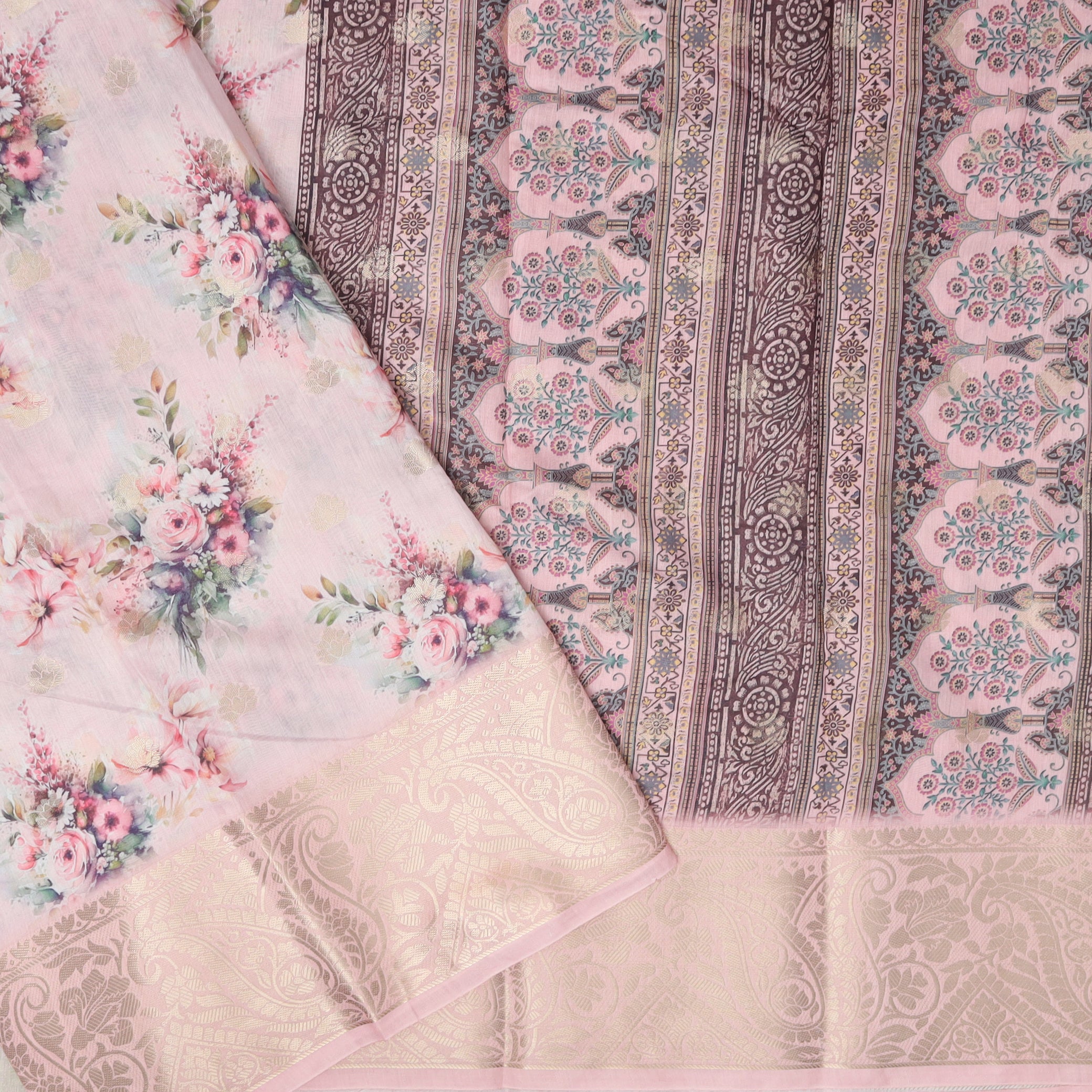 Pastel Pink With Pink Floral Design Dola Silk