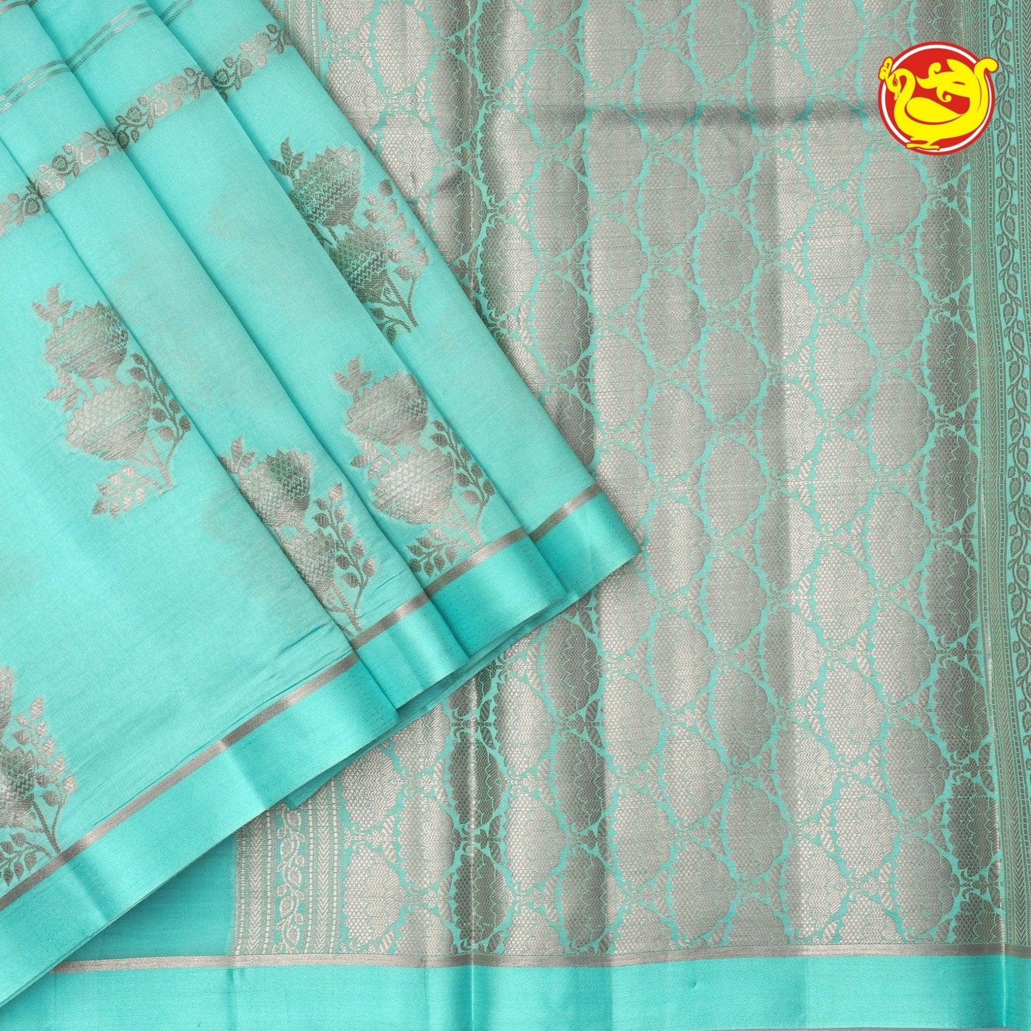 Light Pista Green Dupion Saree With All Over Unique Zari Buttas & Intricate Pallu