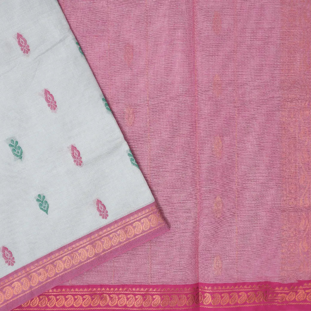 off-white with Pink Traditional Buttas Venkatagiri Pure Cotton Saree