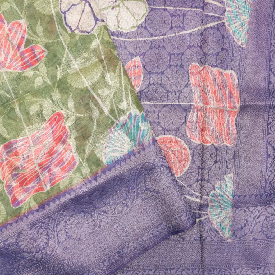 Lime Green with Purple Semi Burberry Silk Saree