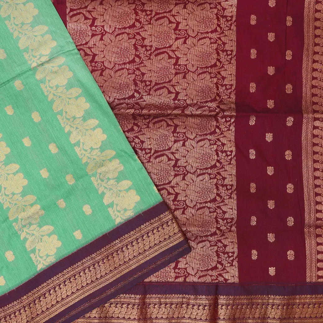 Light Green  With  Maroon Premium Quality Kalyani Cotton Saree
