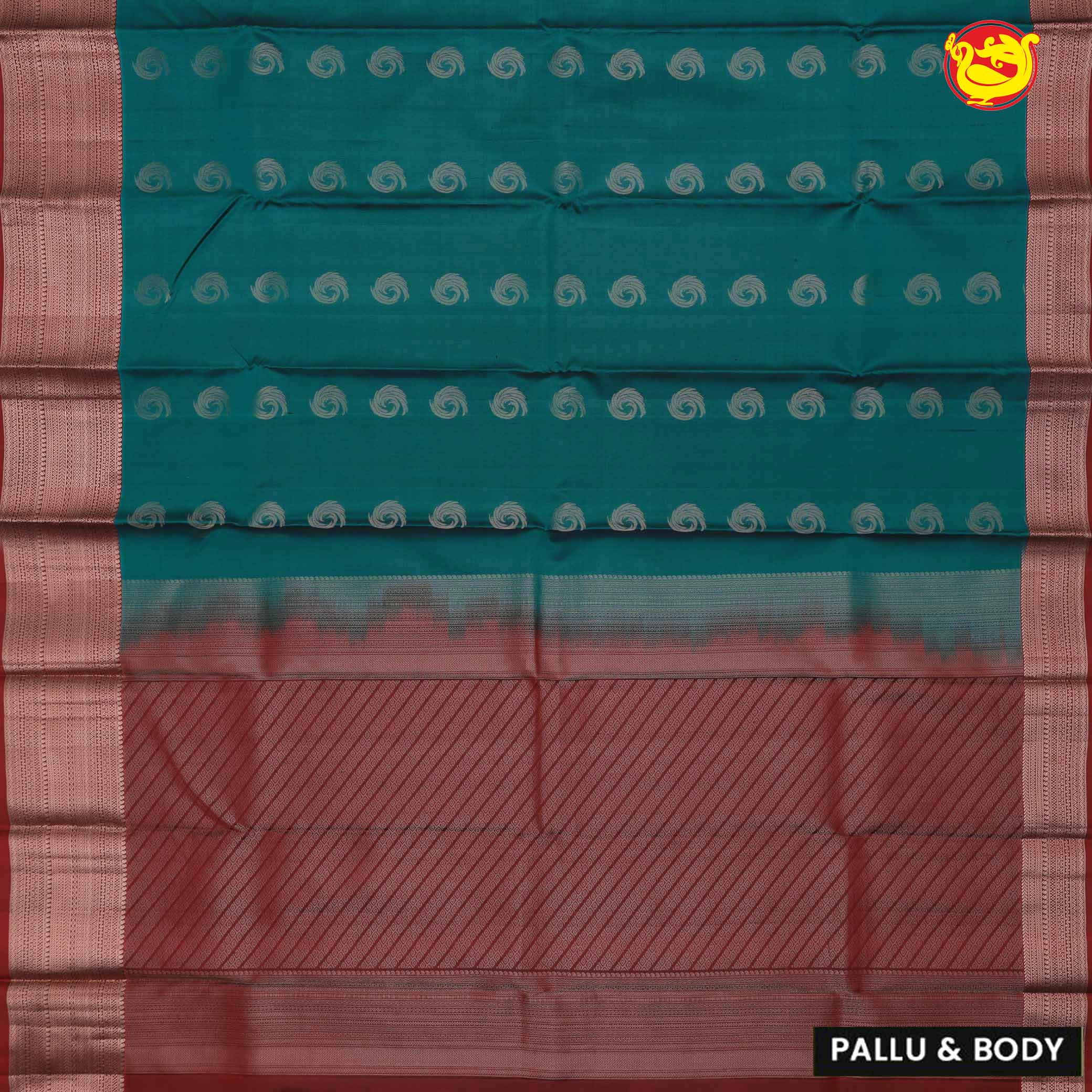 Peacock green with maroon soft silk saree with buttas