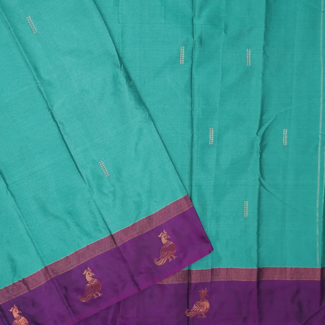 Teal Blue With Violet Border  Arani Silk Saree