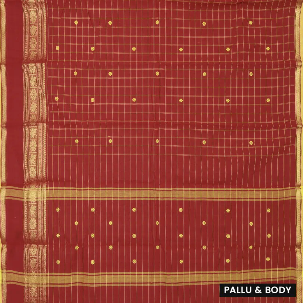 Maroon with Yellow Checked Pattern Pure Chettinad Cotton Saree without Blouse