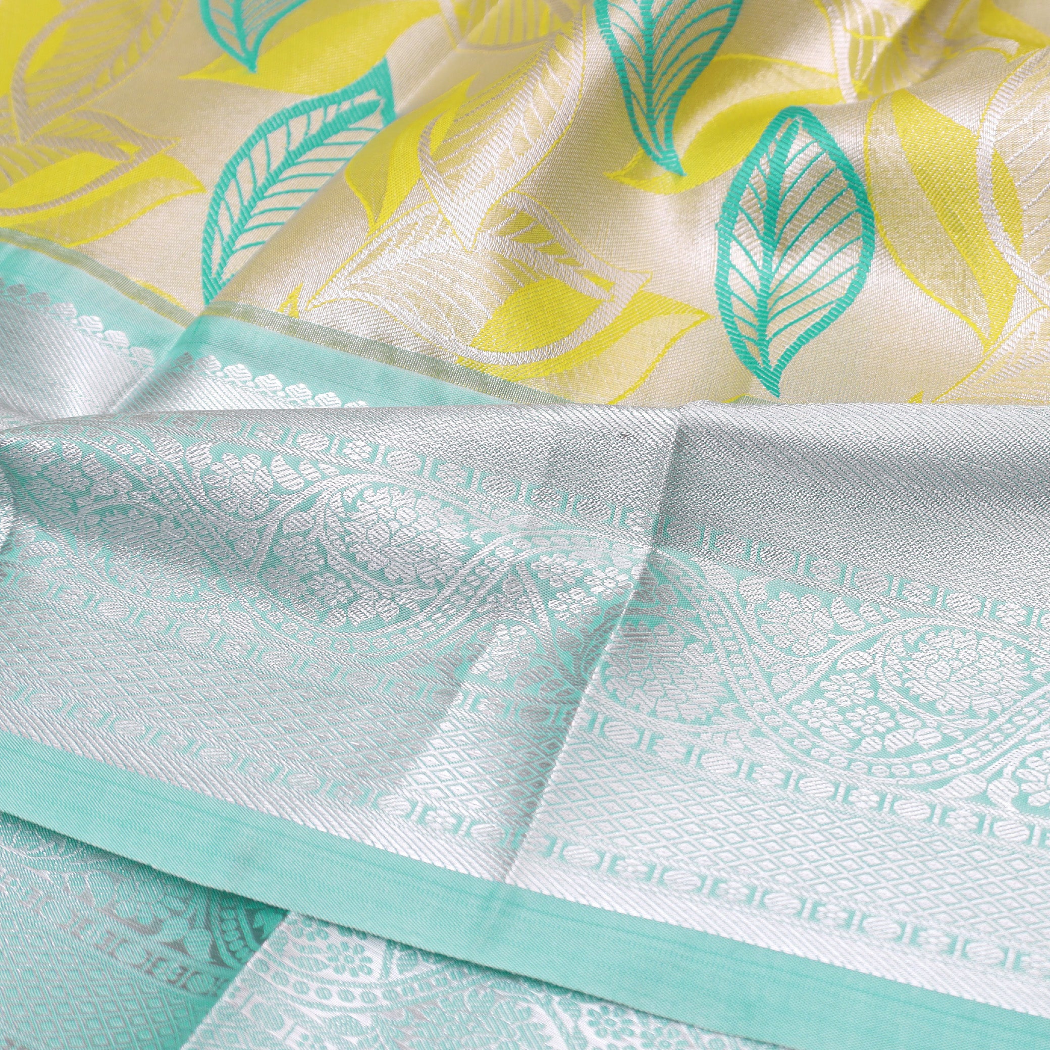 Yellow With Bule Floral Design Tissue Silk Saree