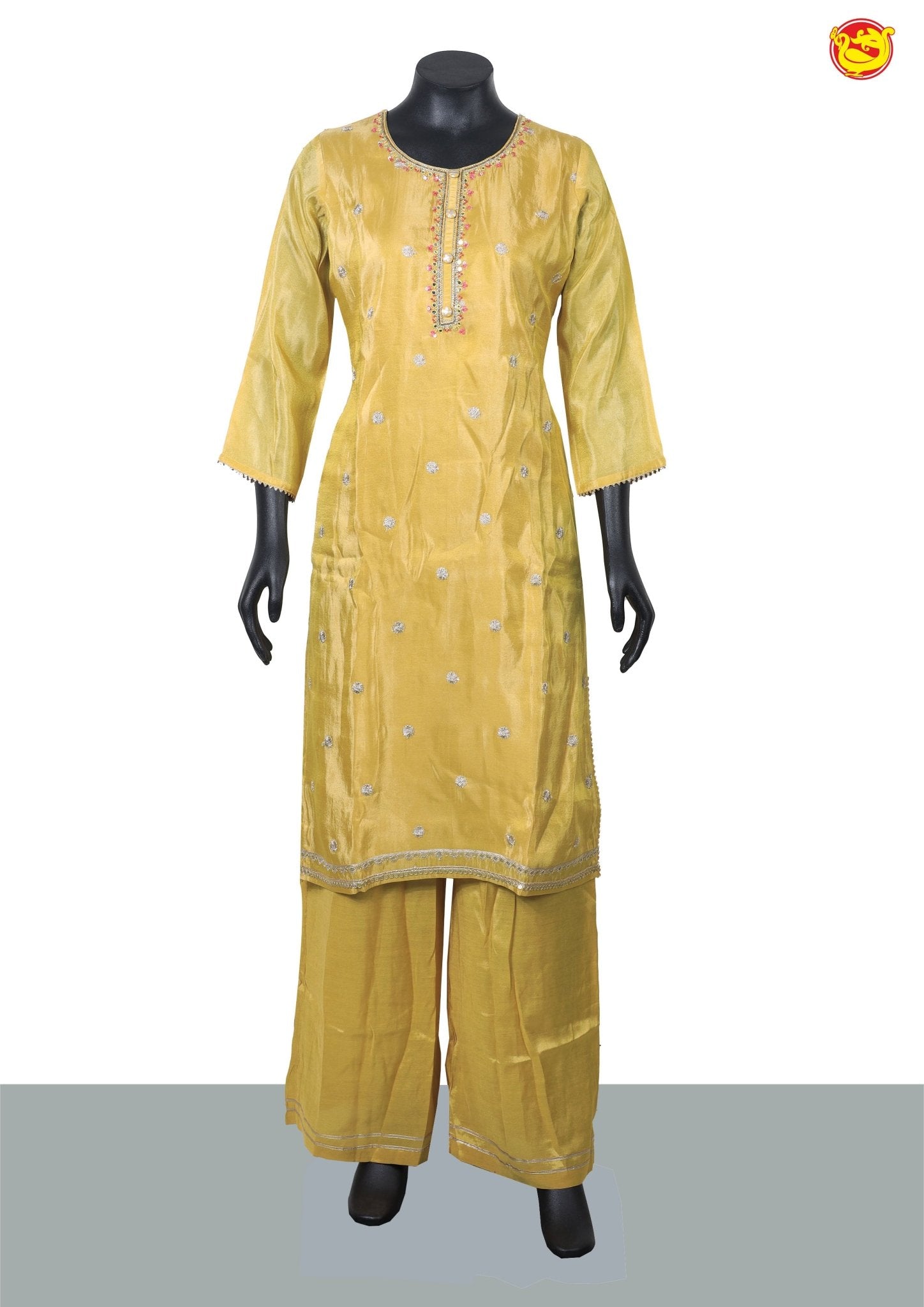 Yellow and Floral Design With Stones and Beads work Ladies Branded Readymade Tissue Chudi Set - Thenianantham