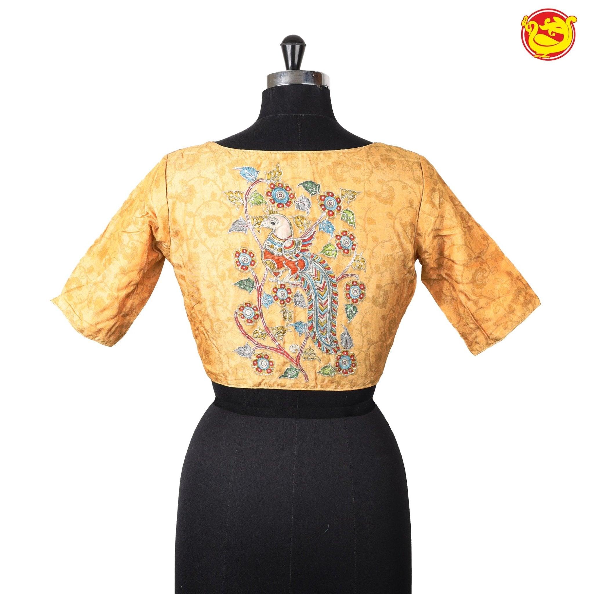 Gold Peacock With Floral Design Zari Hand Work Pure Cotton Ready made Blouse - Thenianantham