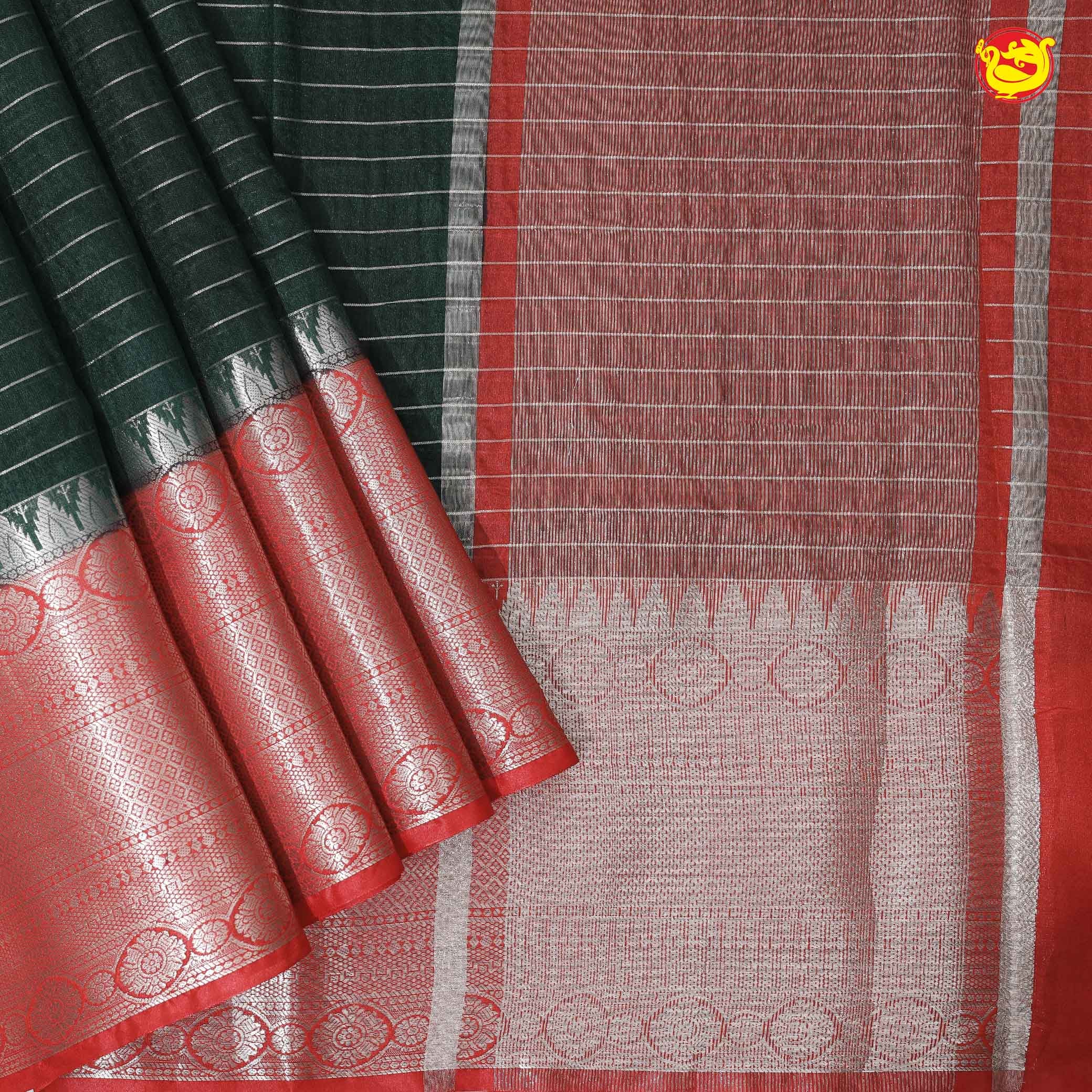 Bottle Green With Red Stripes Design Semi Silk Blend Saree With Double Blouse Concept