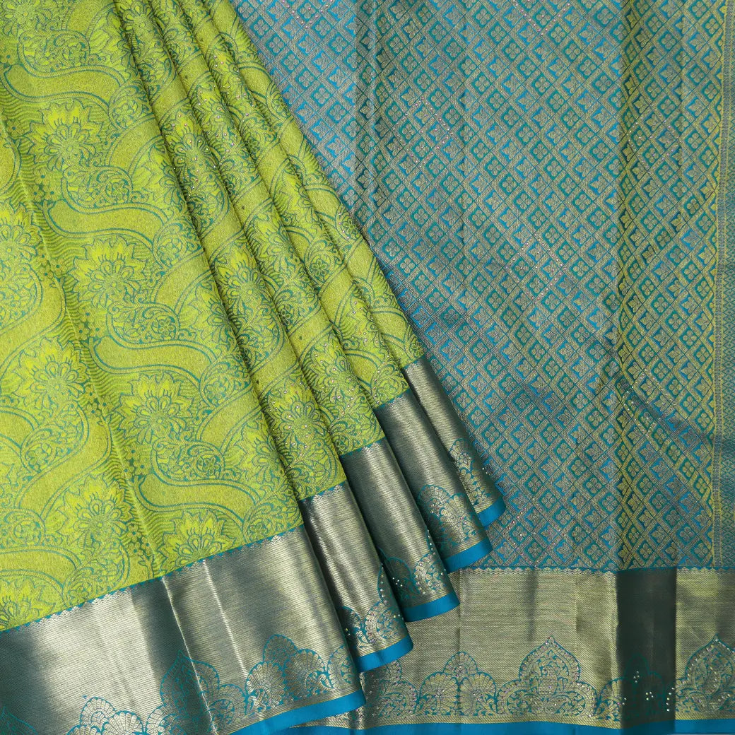Green  with Blue Gold Zari Border Wedding Silk Saree