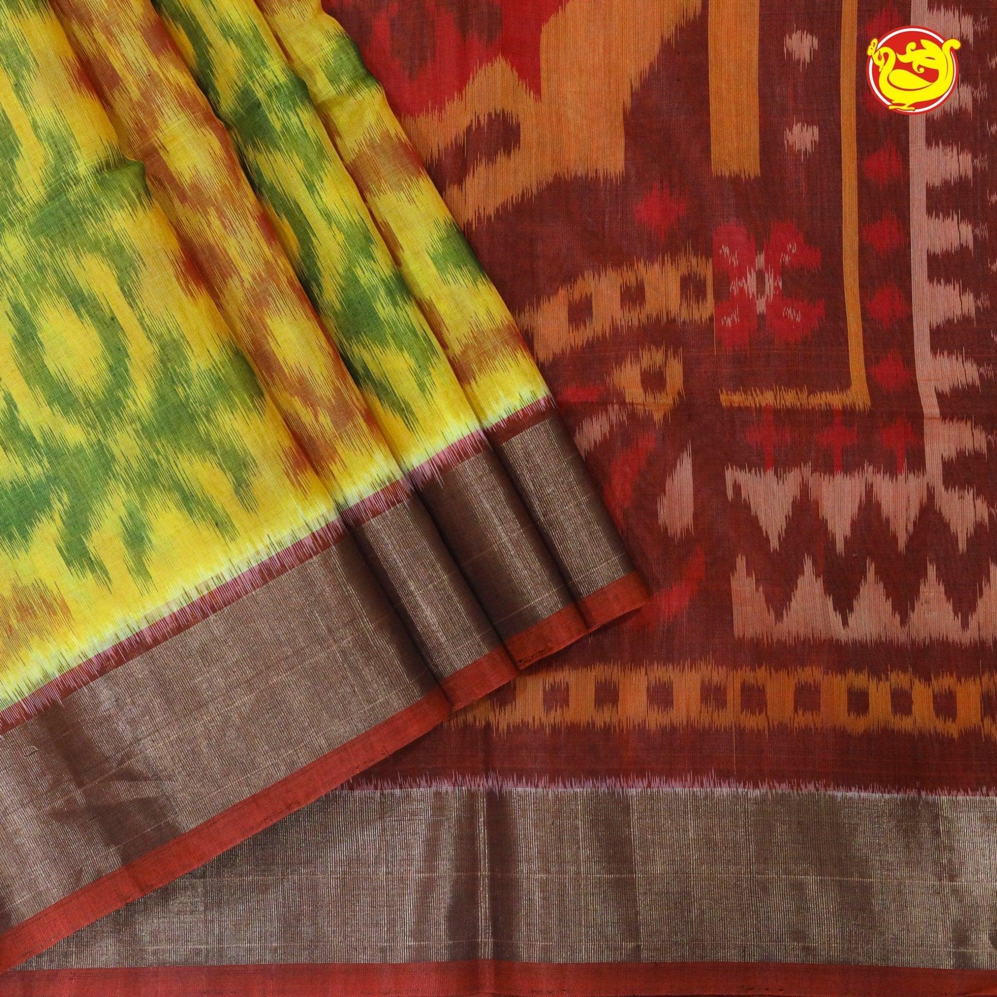 Yellow With Red Ikat Soft Silk Saree - Thenianantham