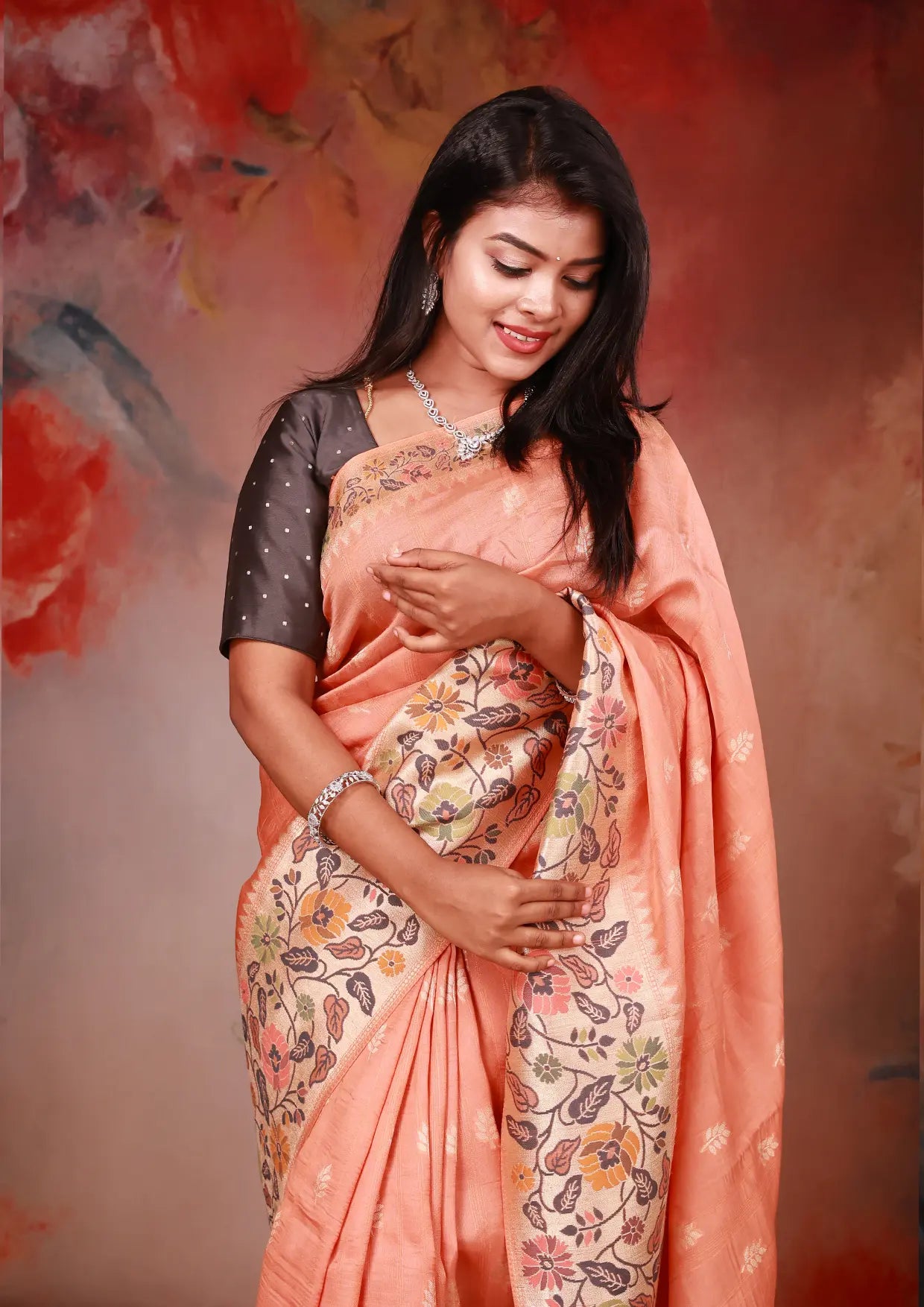 Peach  Colour Semi Dupion Saree