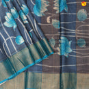 Pure Tussar Silk Saree Aegean Blue and Peacock Green With Floral Design and Painted Prints and Zari Woven Border - Thenianantham