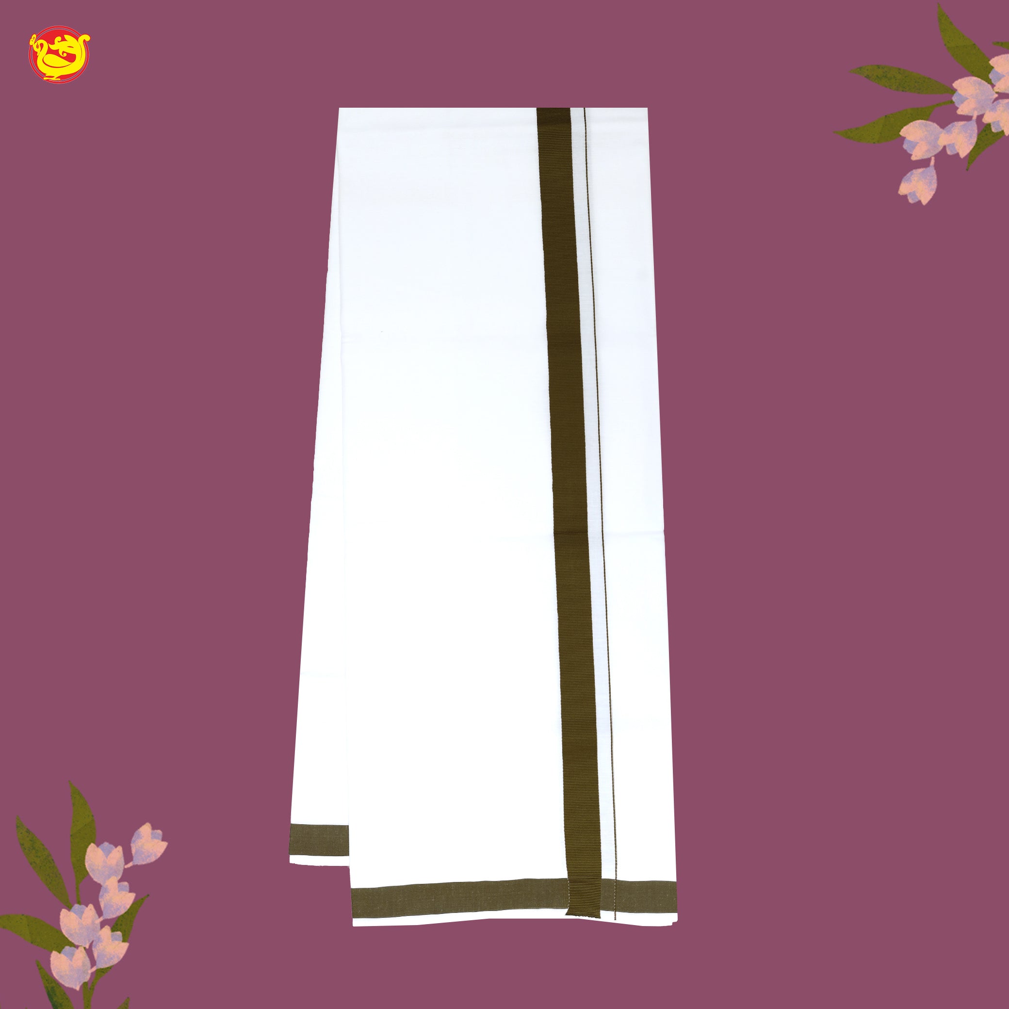 White with Olive Green Fancy Border Single Layer Cotton Men’s Dhoti