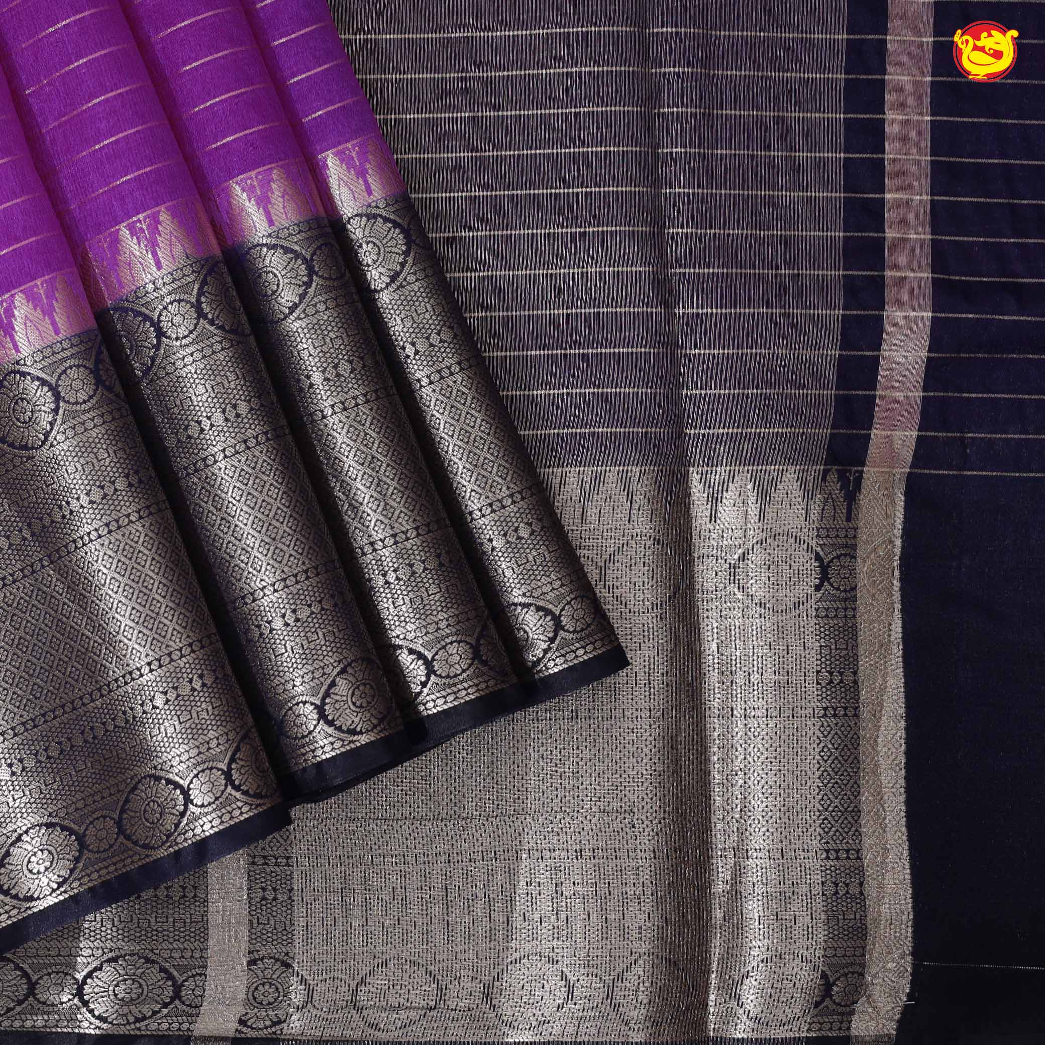 Violet With Navy Blue Stripes Design Semi Silk Blend Saree With Double Blouse Concept