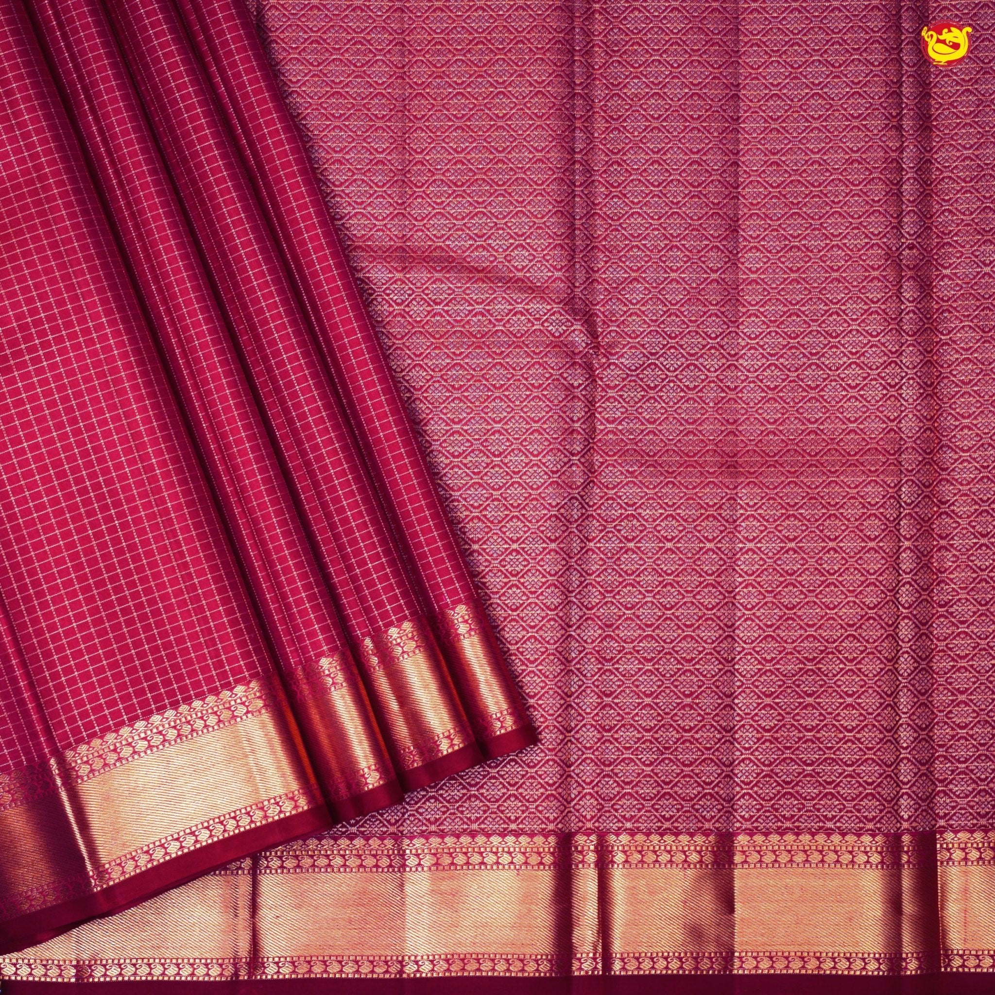 Pink With Checked Motifs and Gold Zari Border Yuvana Pure Soft Silk Saree