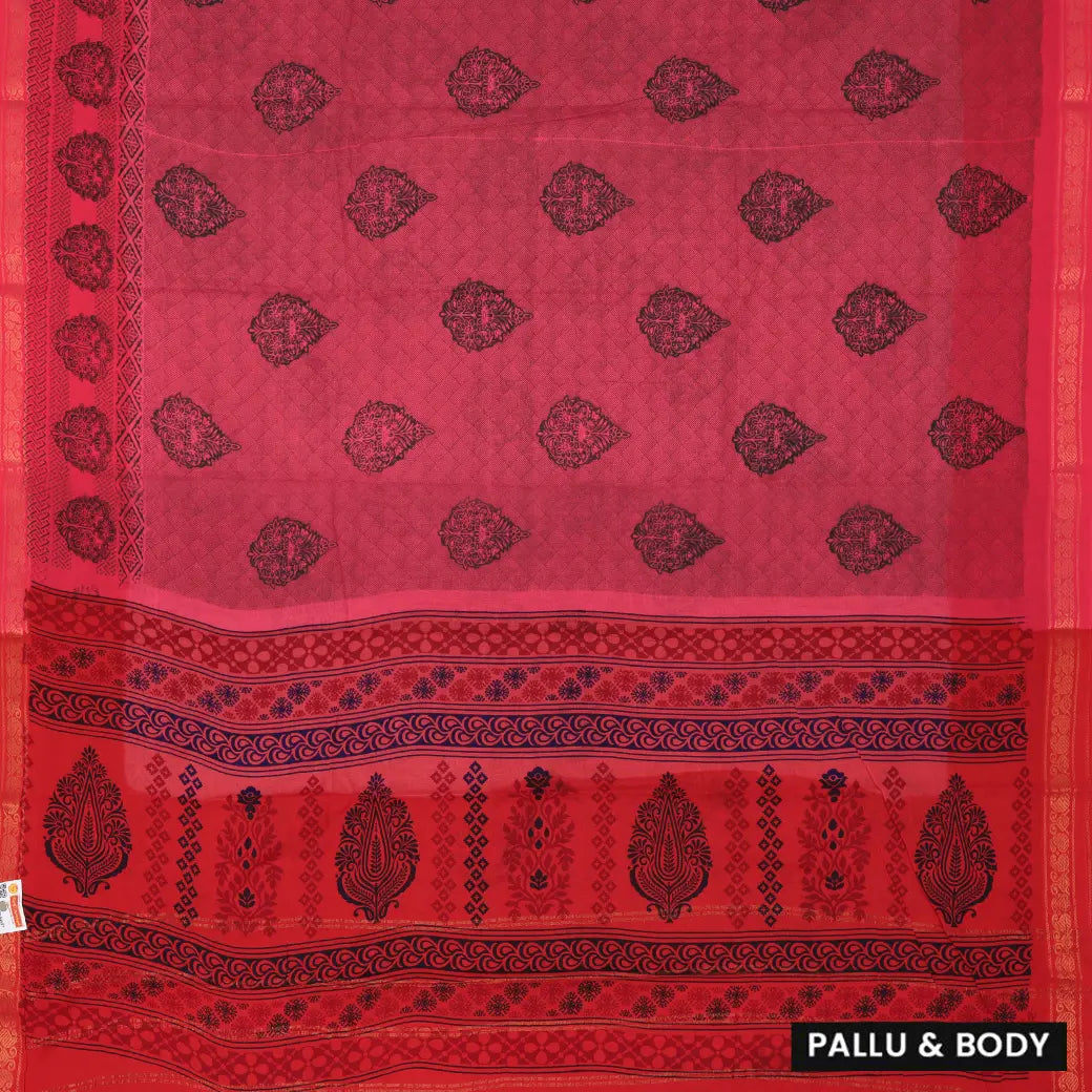 Pink with Red  Mul Mul Cotton Saree without Blouse