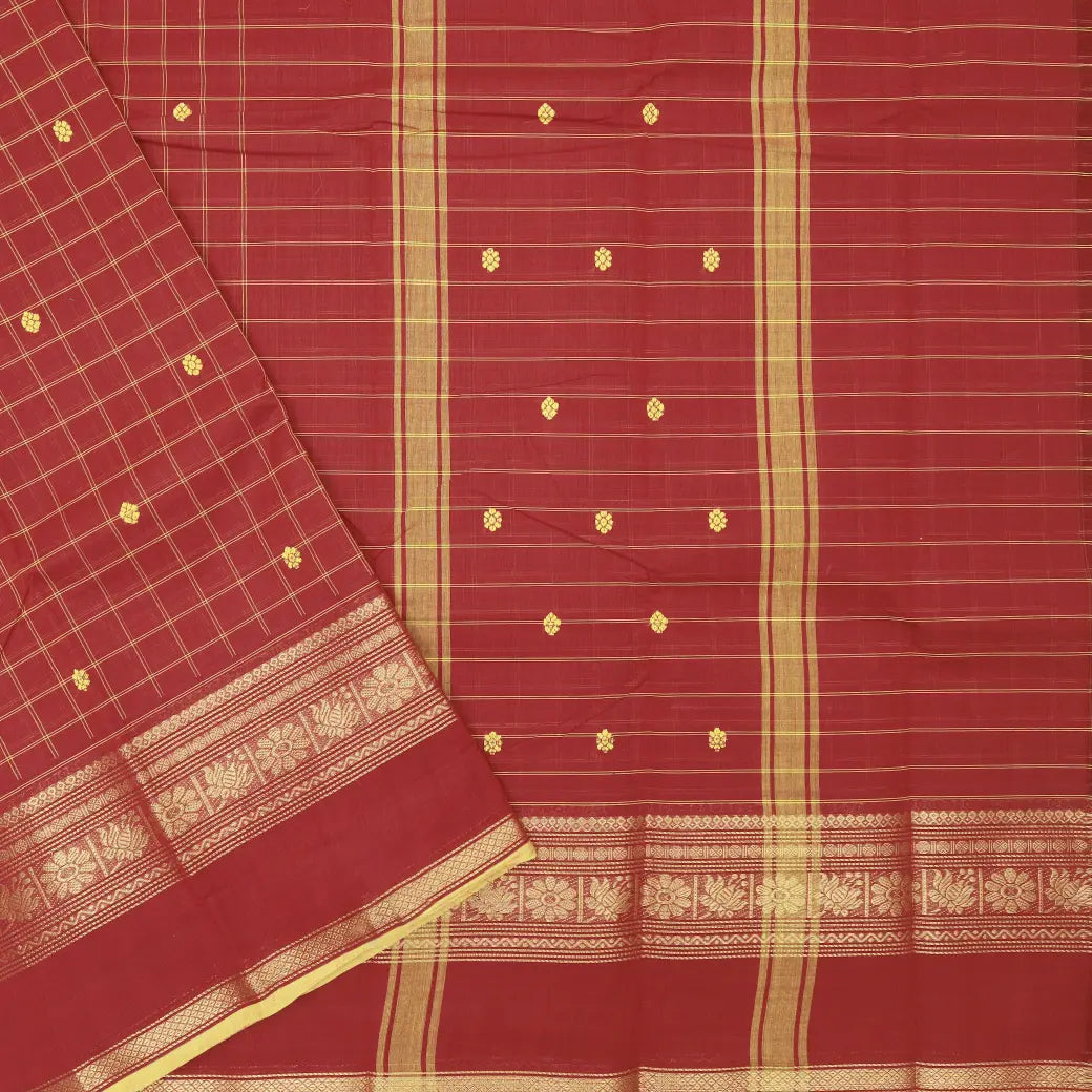 Maroon with Yellow Checked Pattern Pure Chettinad Cotton Saree without Blouse