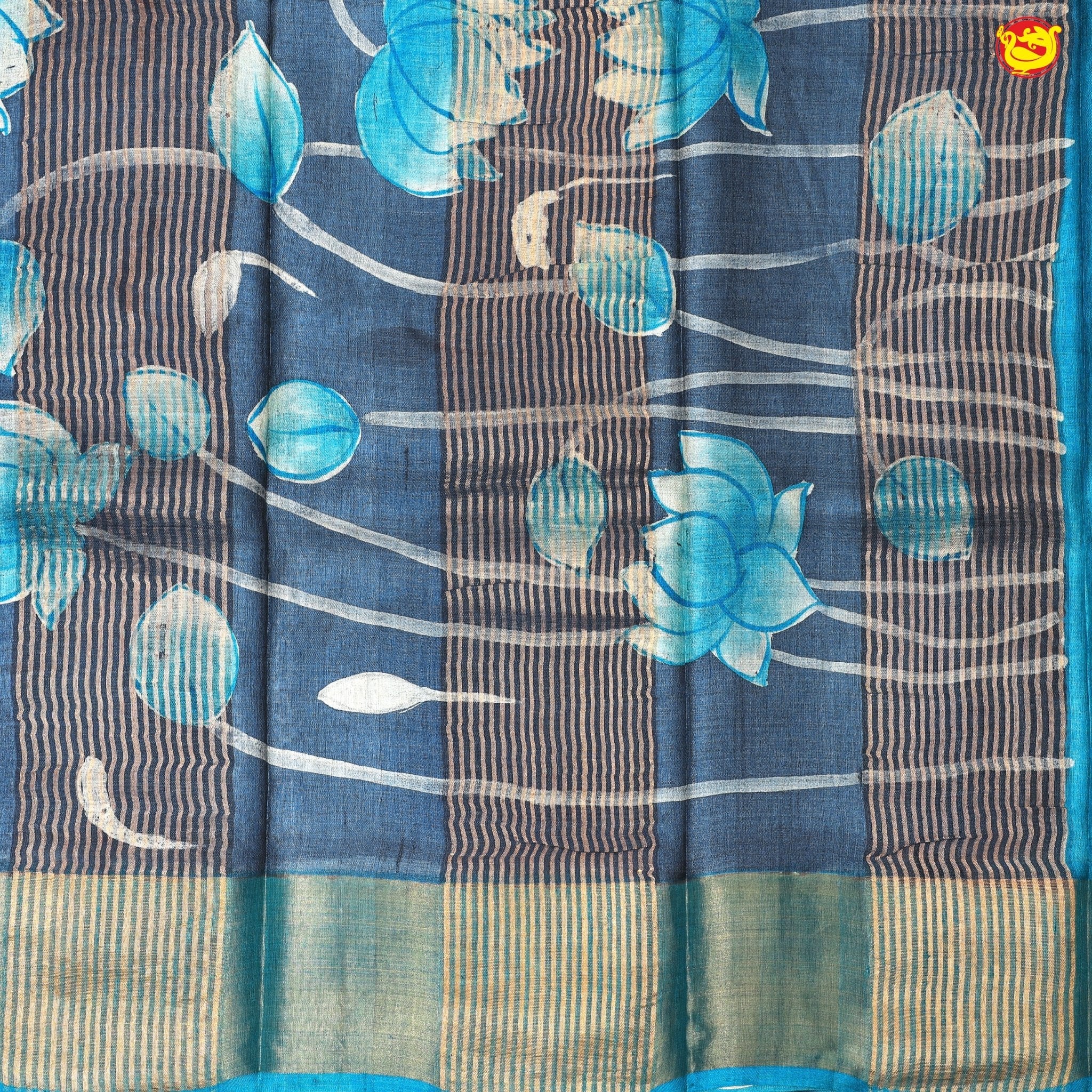 Pure Tussar Silk Saree Aegean Blue and Peacock Green With Floral Design and Painted Prints and Zari Woven Border - Thenianantham