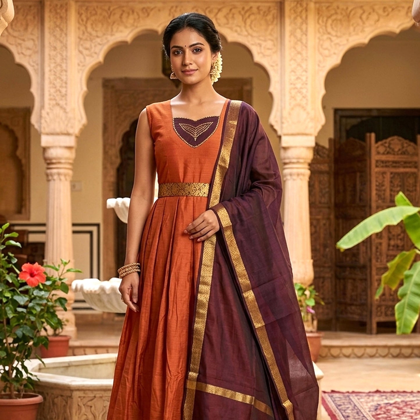 Rust Orange With Maroon Trendy Ladies Ethnic Gowns
