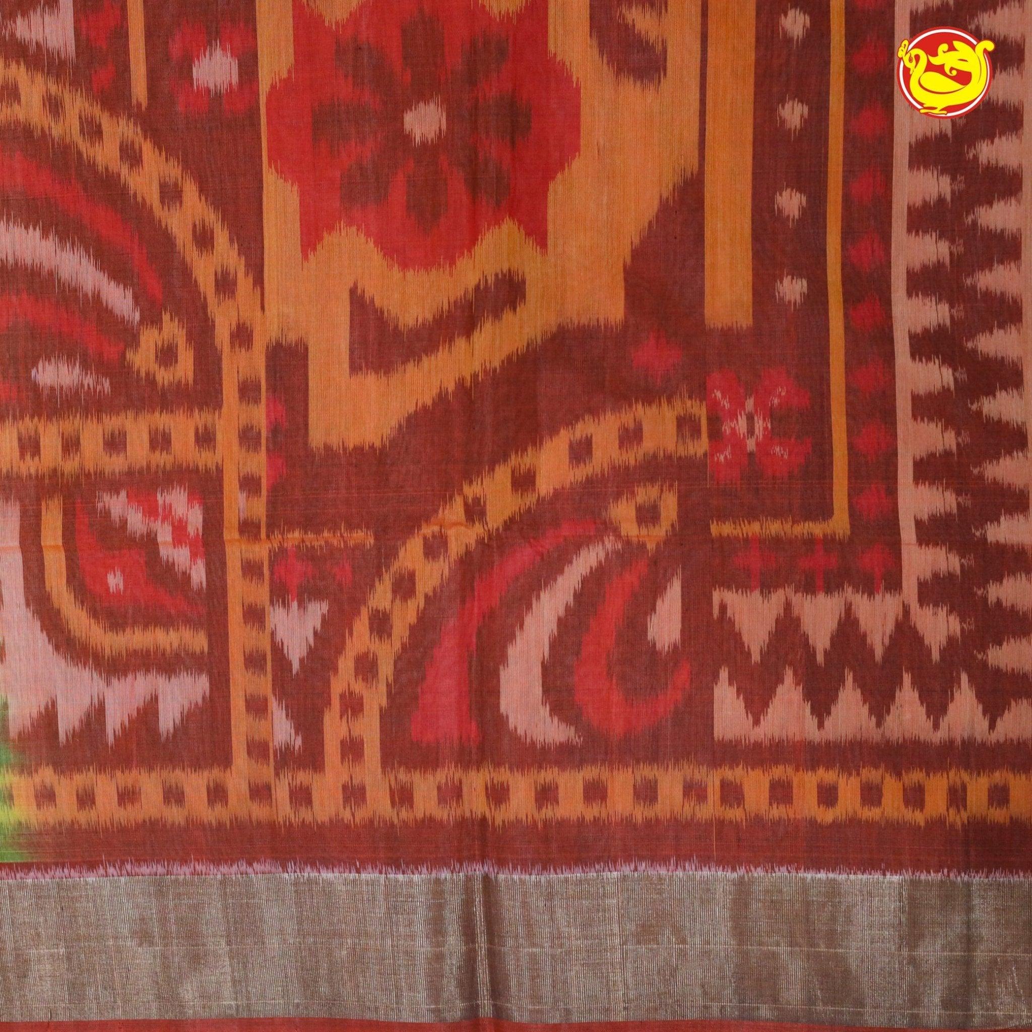 Yellow With Red Ikat Soft Silk Saree - Thenianantham