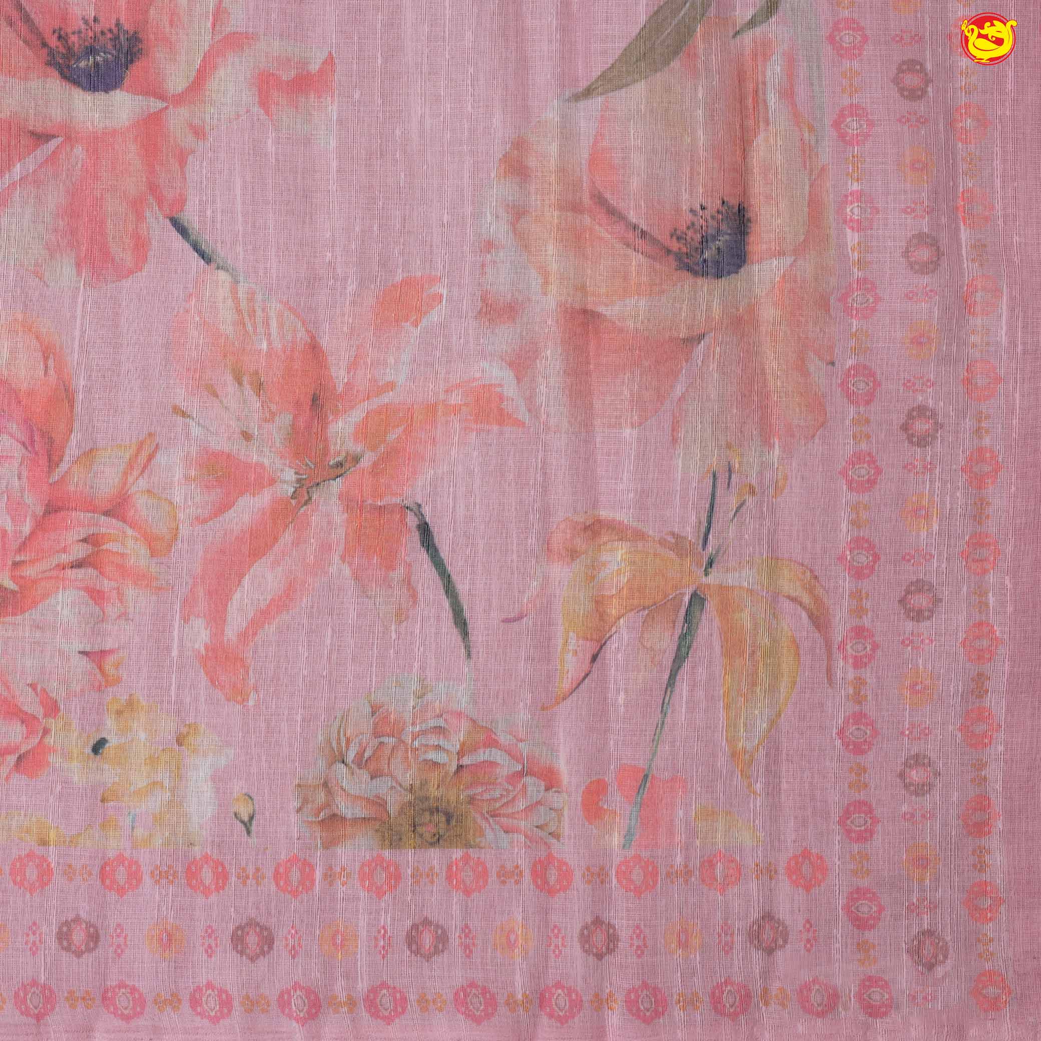 Pink With Light Yellow Floral Digital Print Linen Cotton Saree