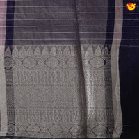 Violet With Navy Blue Stripes Design Semi Silk Blend Saree With Double Blouse Concept