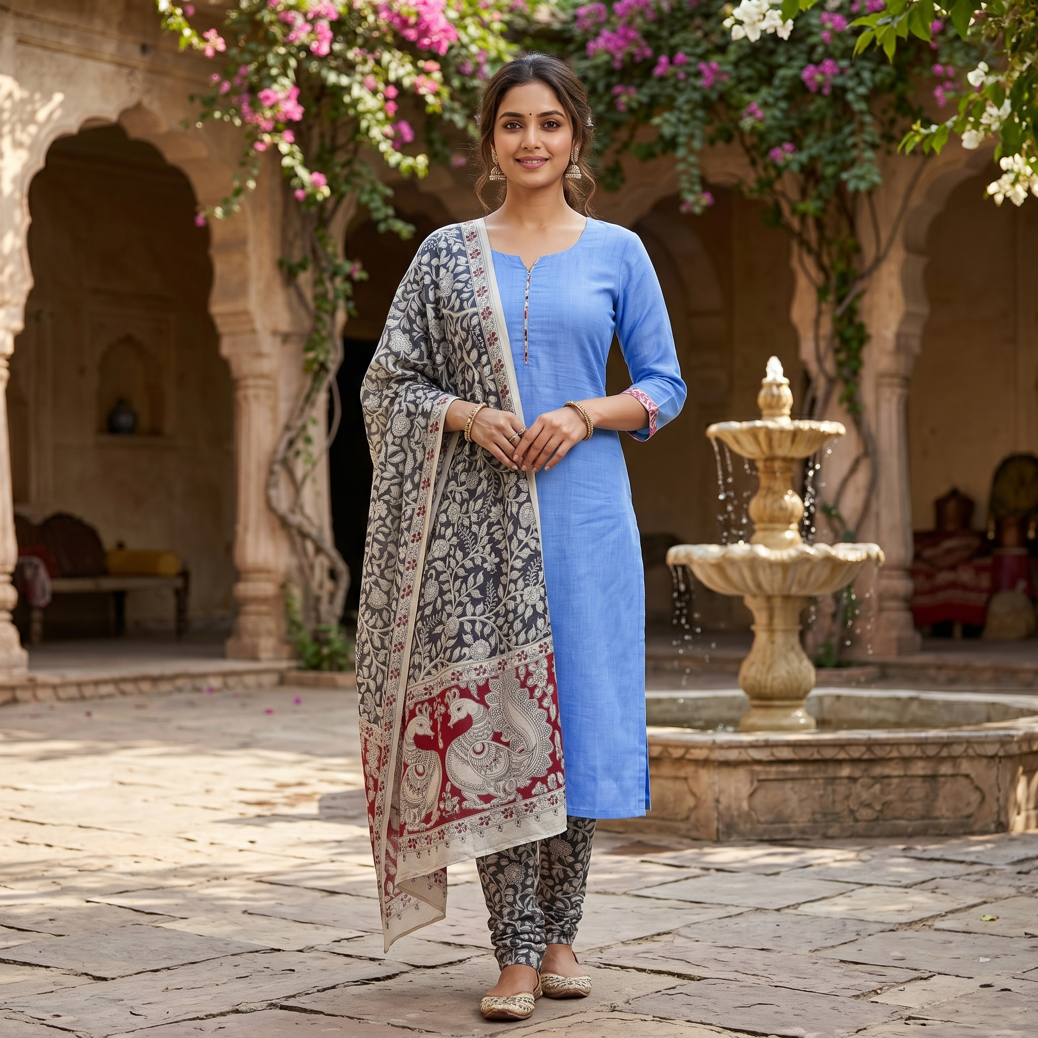 Blue With Kalamkari –Style Grey Dupatta Cotton Ladies Chudithar Material
