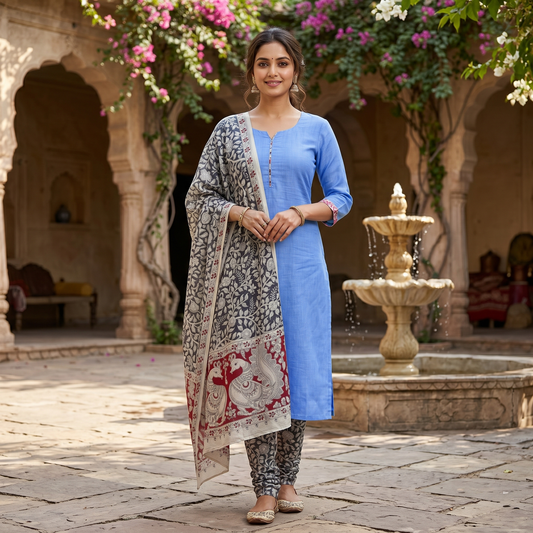 Blue With Kalamkari –Style Grey Dupatta Cotton Ladies Chudithar Material