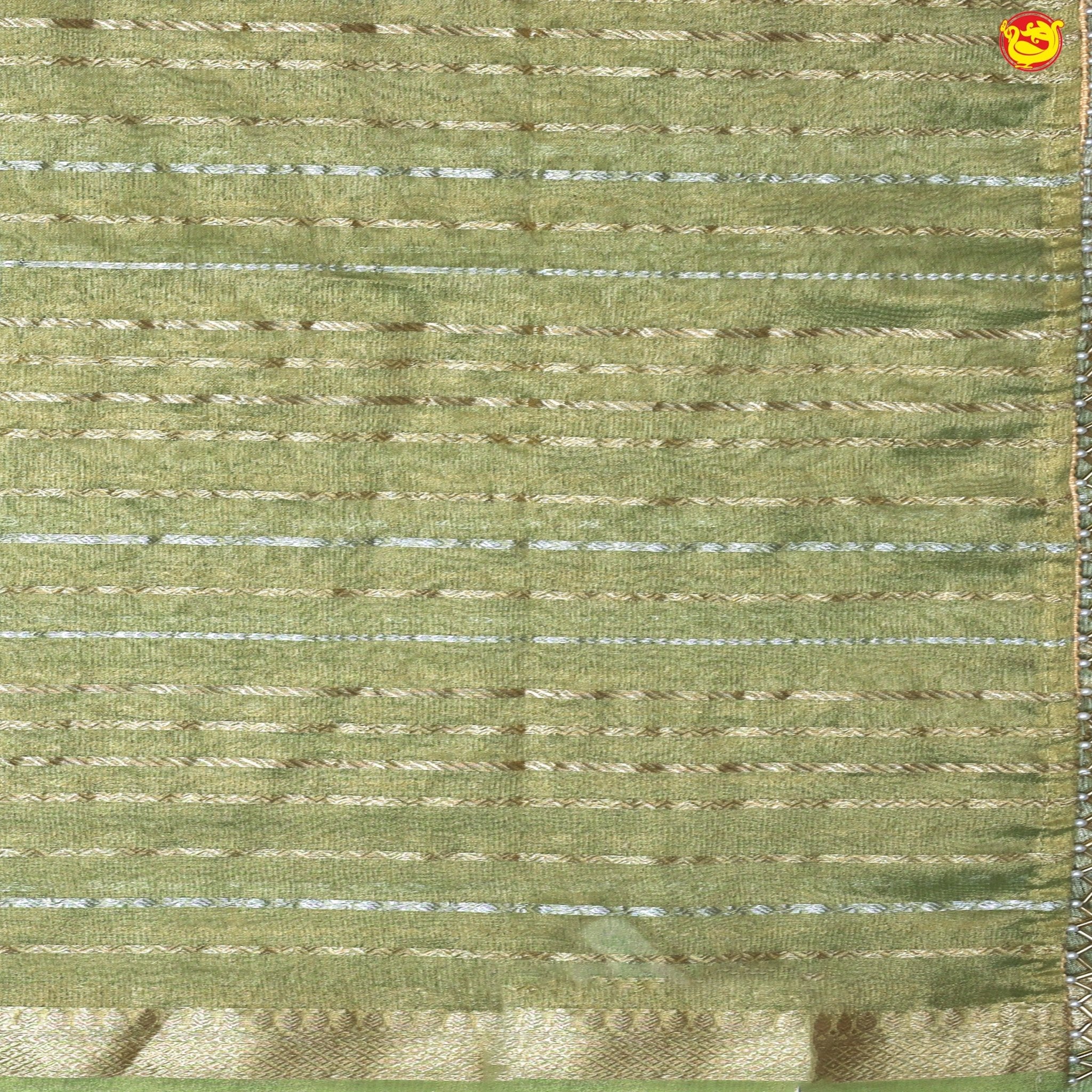 Dark Pista Green Stripes Designs and Tissue Crush Designer Saree with Readymade Designer HandWork Blouse - Thenianantham