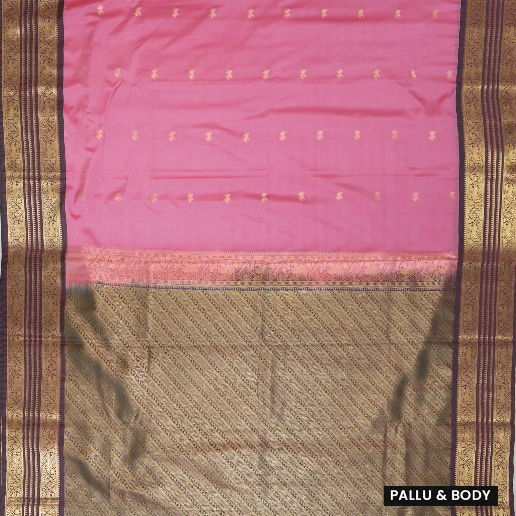 Pink With Coffee Brown Copper Zari Border Soft Silk Saree