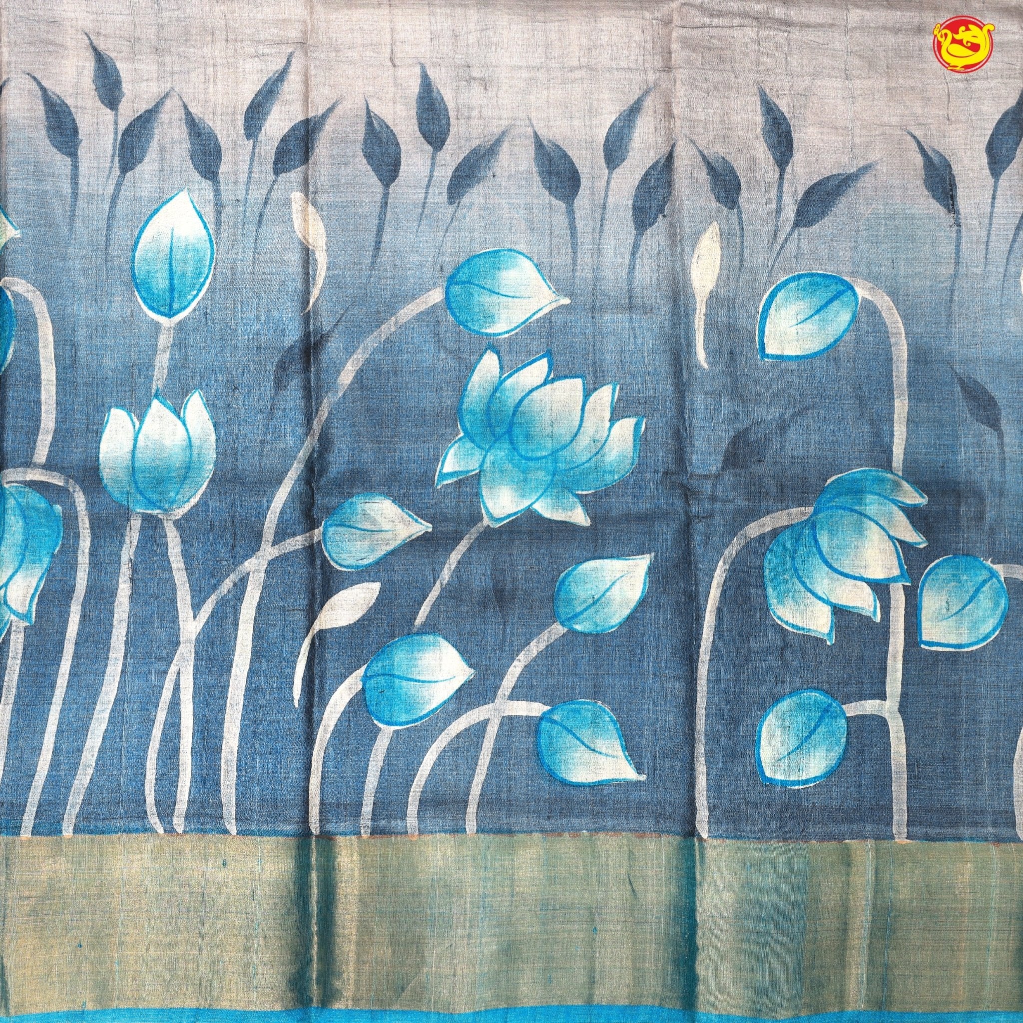 Pure Tussar Silk Saree Aegean Blue and Peacock Green With Floral Design and Painted Prints and Zari Woven Border - Thenianantham