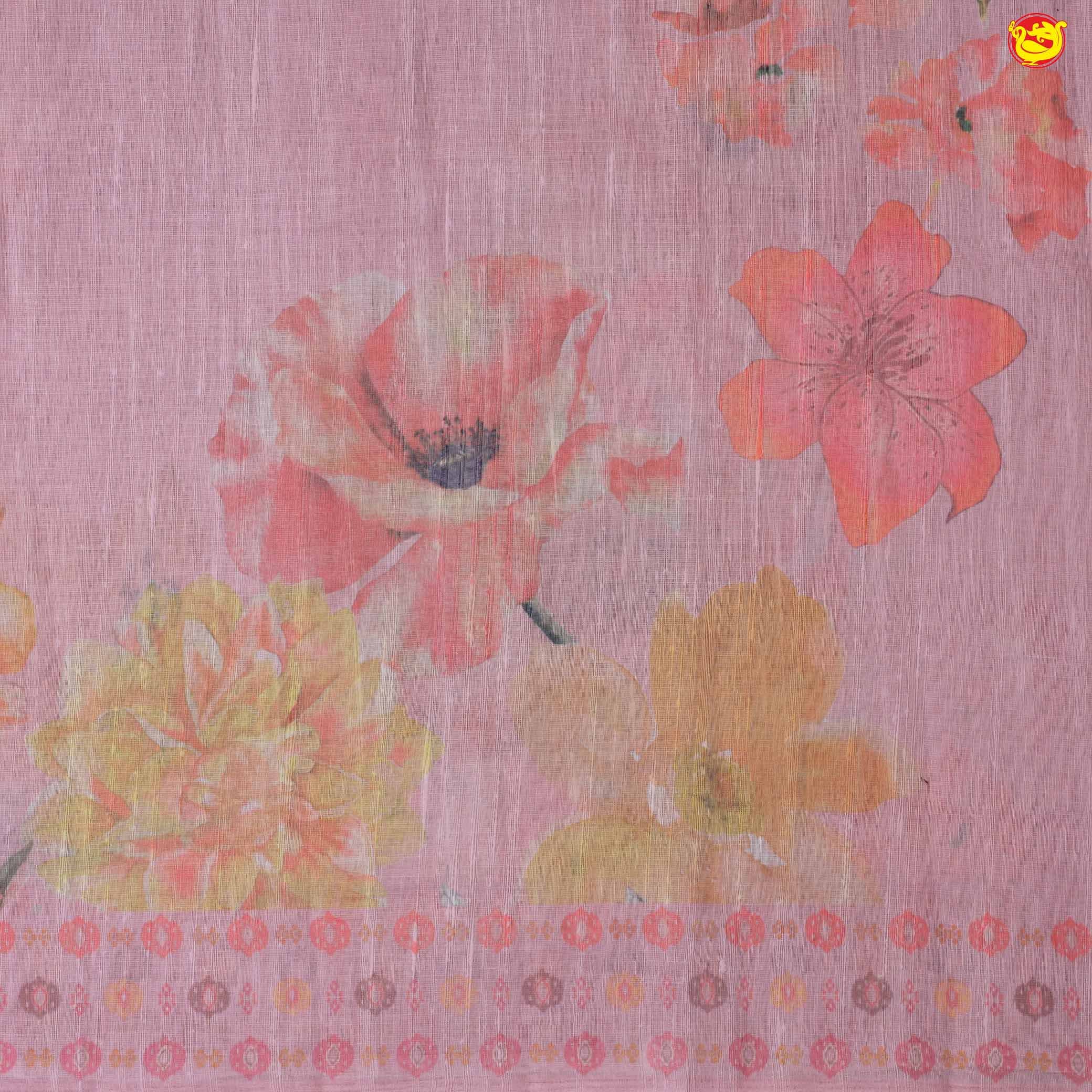 Pink With Light Yellow Floral Digital Print Linen Cotton Saree