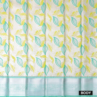 Yellow With Bule Floral Design Tissue Silk Saree