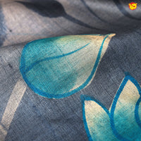 Pure Tussar Silk Saree Aegean Blue and Peacock Green With Floral Design and Painted Prints and Zari Woven Border - Thenianantham