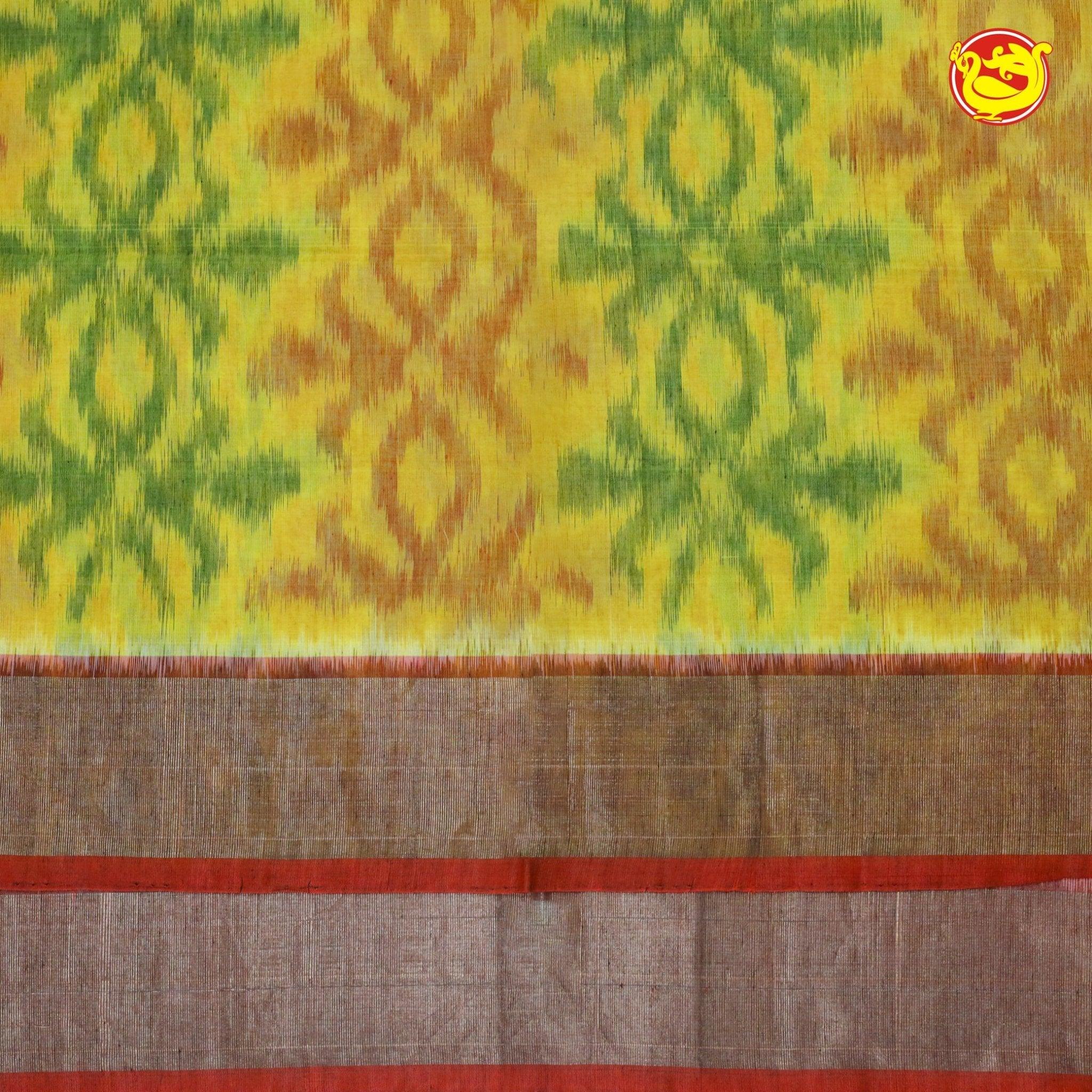 Yellow With Red Ikat Soft Silk Saree - Thenianantham