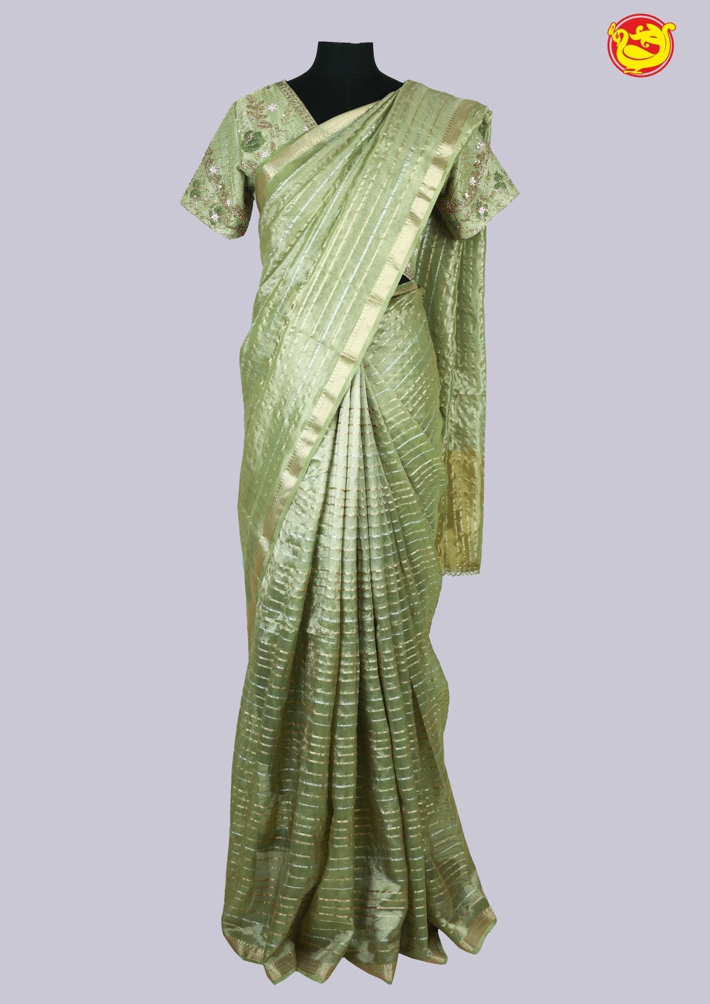 Dark Pista Green Stripes Designs and Tissue Crush Designer Saree with Readymade Designer HandWork Blouse