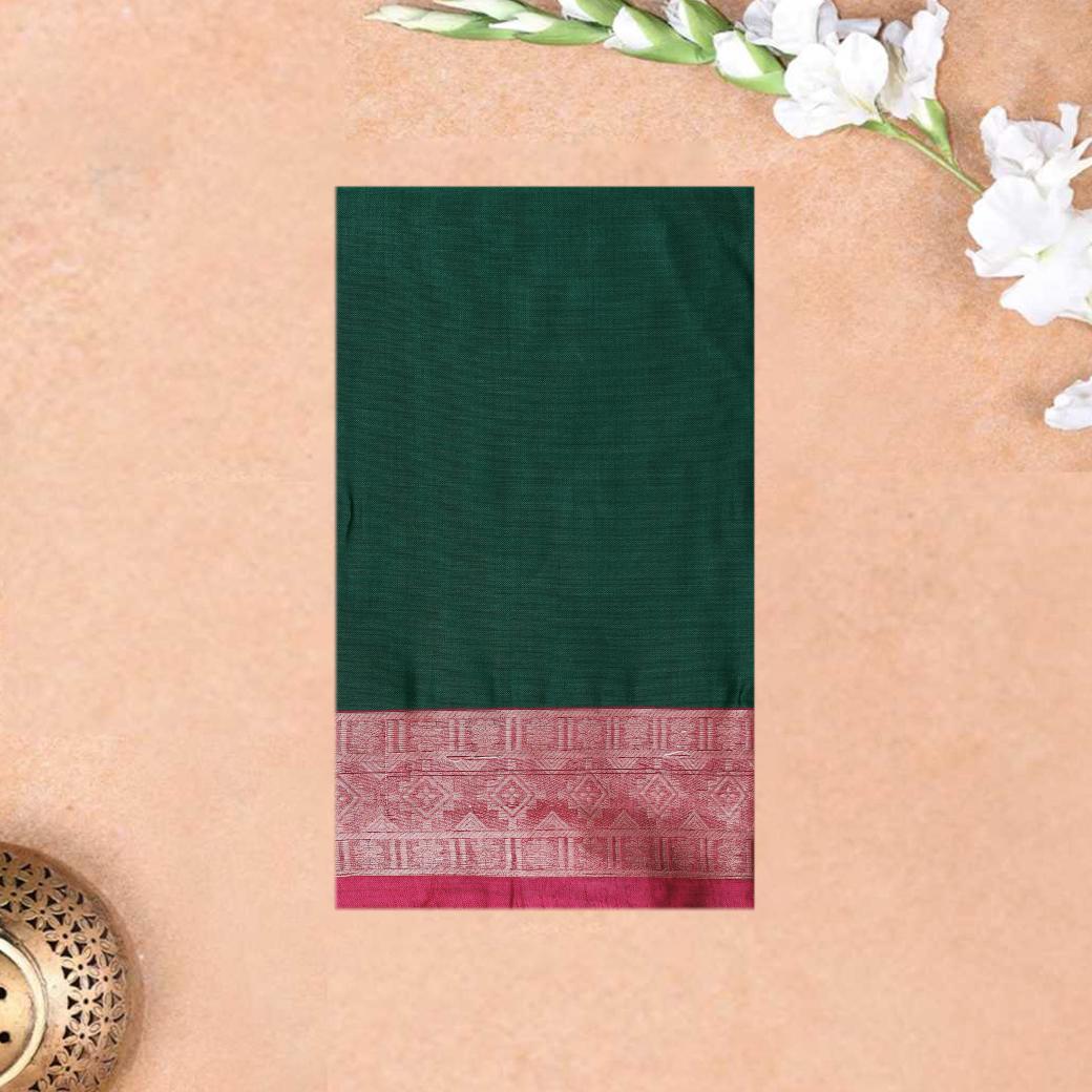Bottle Green Colour Pure Cotton Saree with Contrast Border
