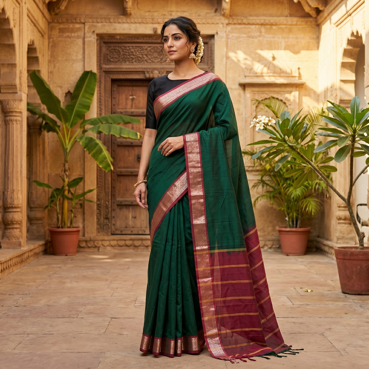 Bottle Green Colour Pure Cotton Saree with Contrast Border