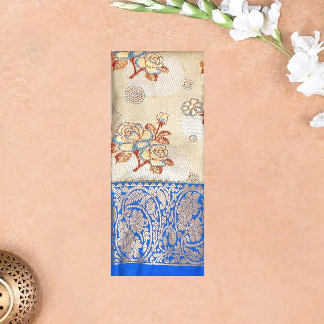 Gold  With Royal Blue Border Floral Design Traditional  Pattu Pavadai Material