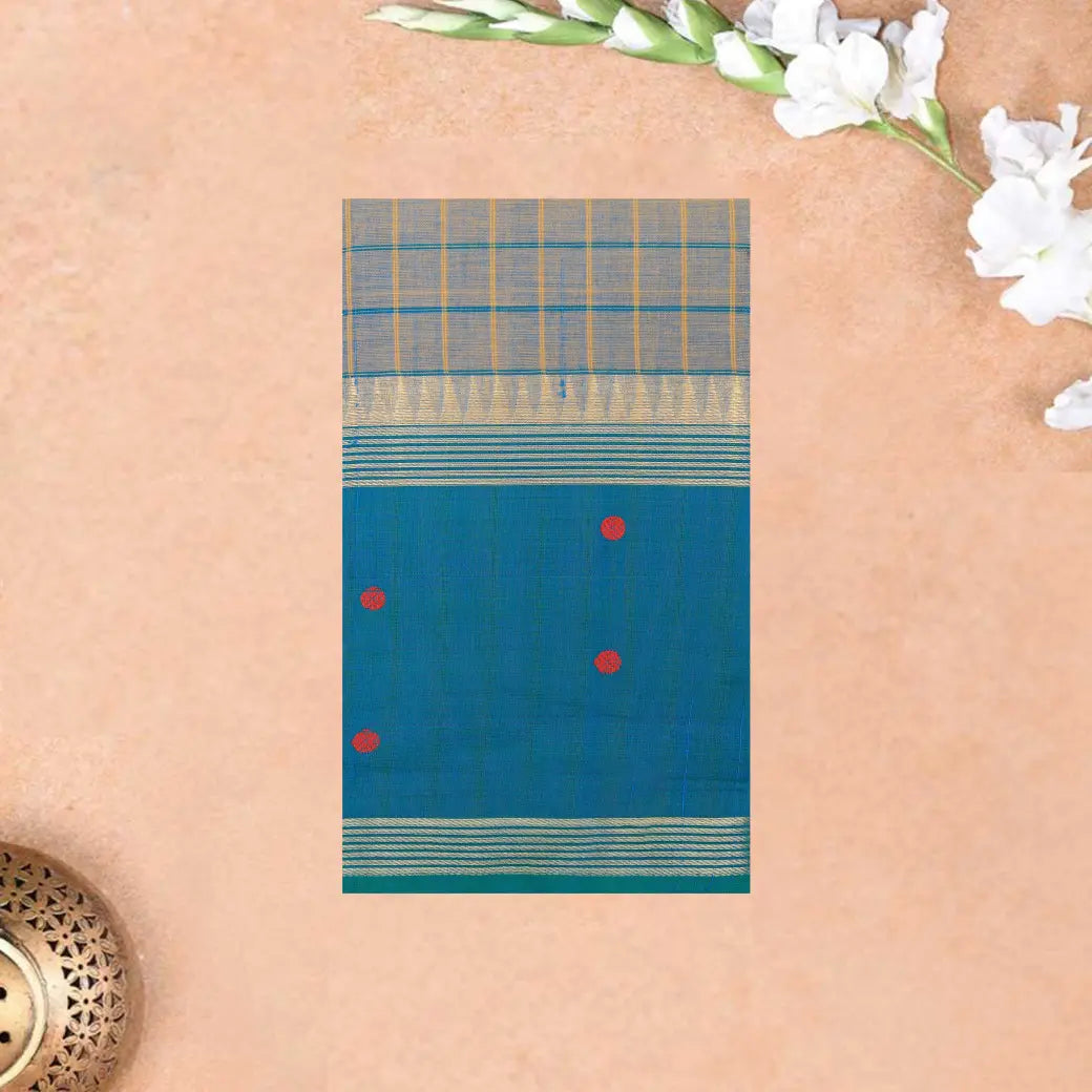 Light Blue-Gray with Blue  Checked Pattern Pure Chettinad Cotton Saree without Blouse