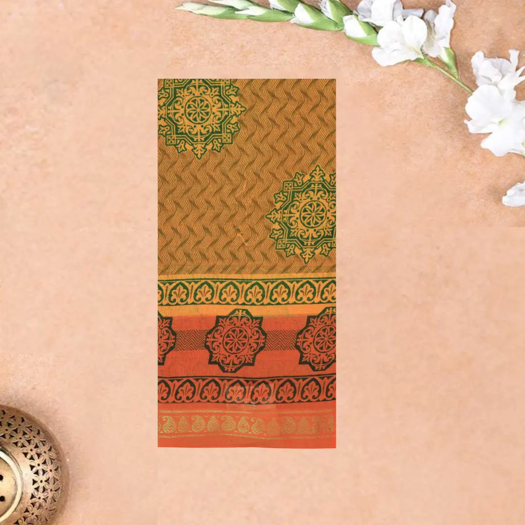 Yellow with Orange  Mul Mul Cotton Saree without Blouse