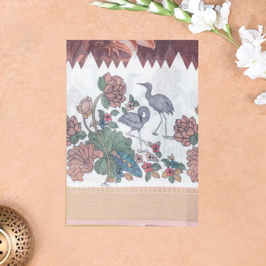 Brown with off white  priented floral design Semi Chanderi  Saree