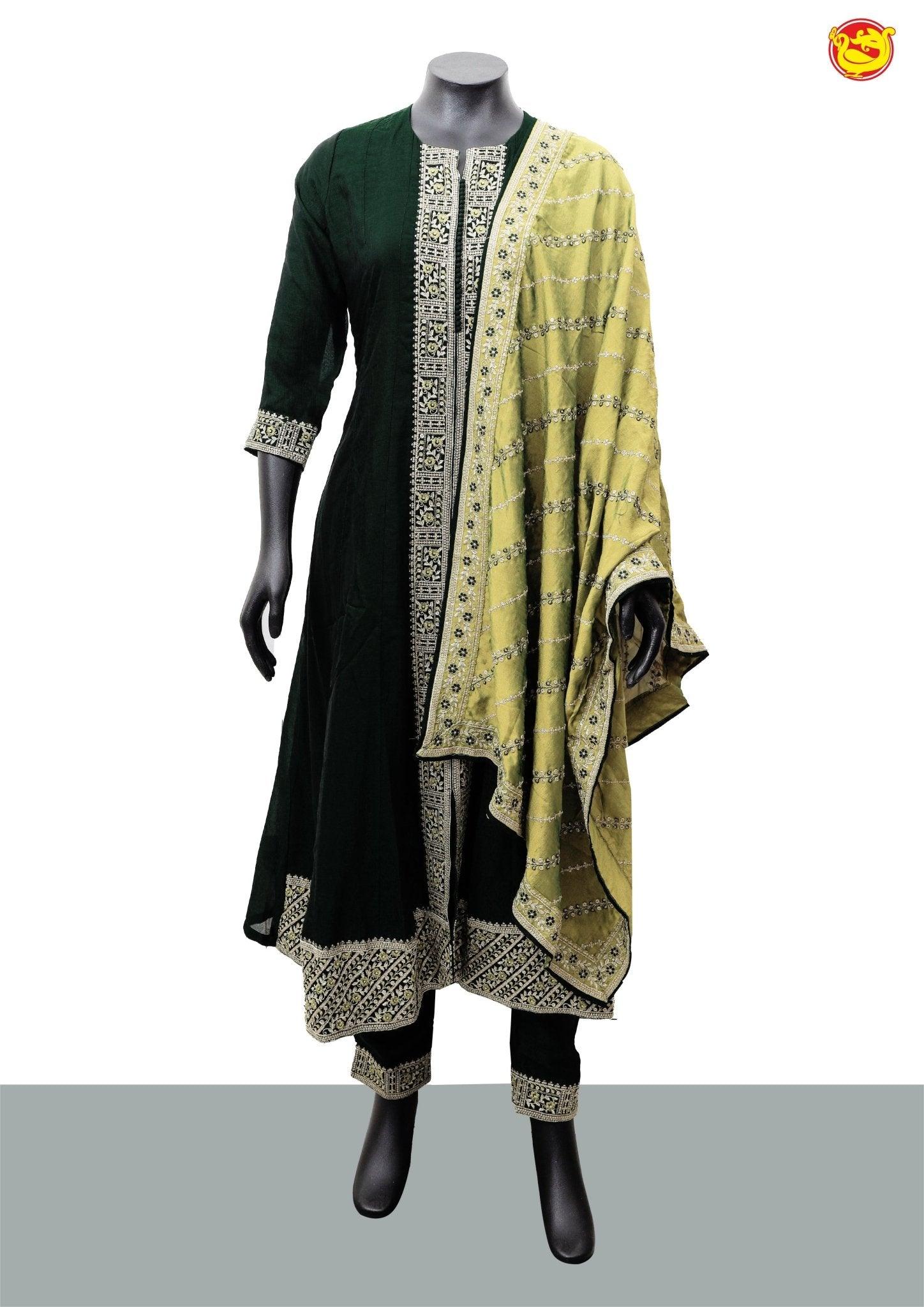 Bottle Green With Sneha Green Cotton Silk Salwar Suit With Embroidered, Thread and Zari Work