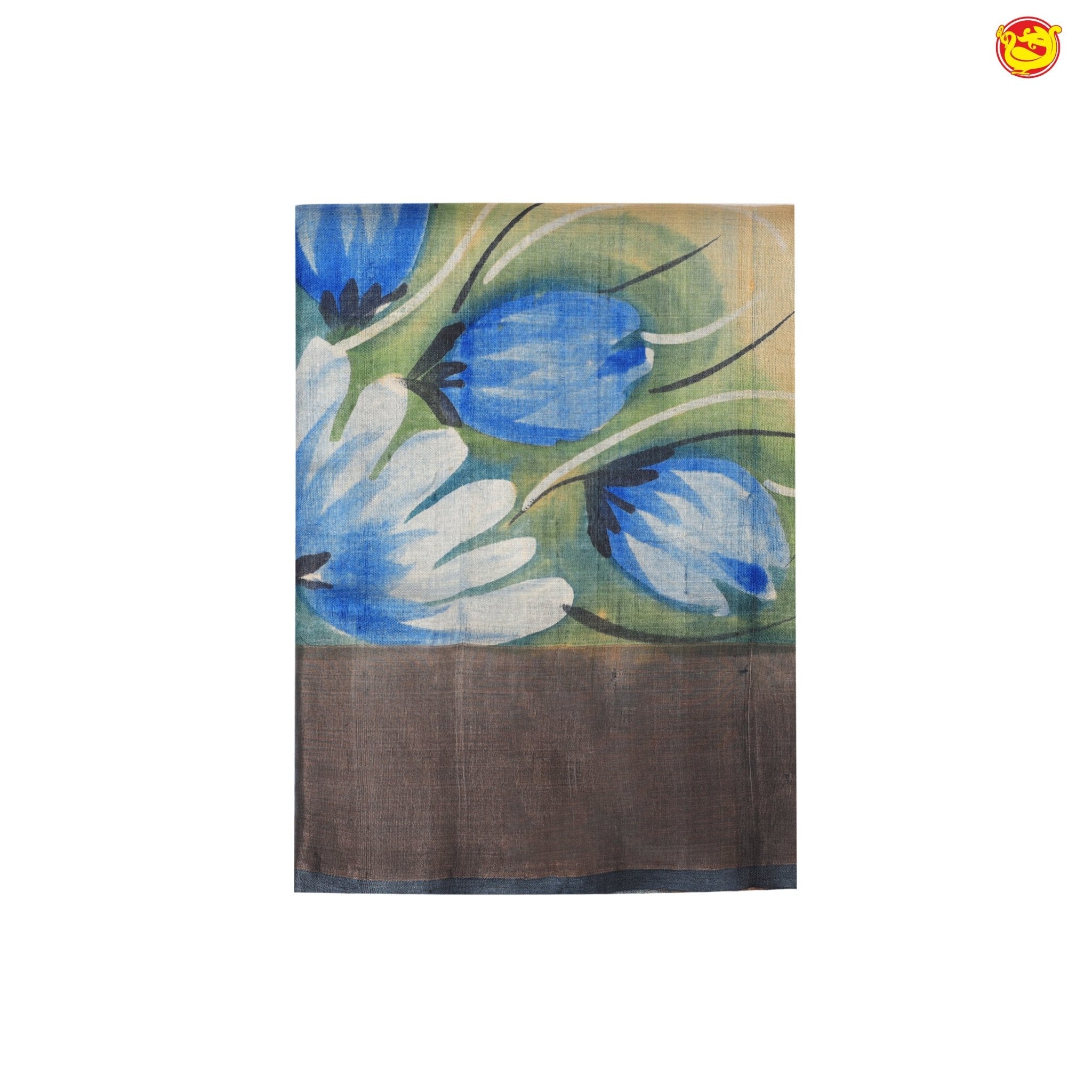 Pure Tussar Silk Saree Turquoise Blue and Dark Grey Shade With Floral Design and Painted Prints and Zari Woven Border