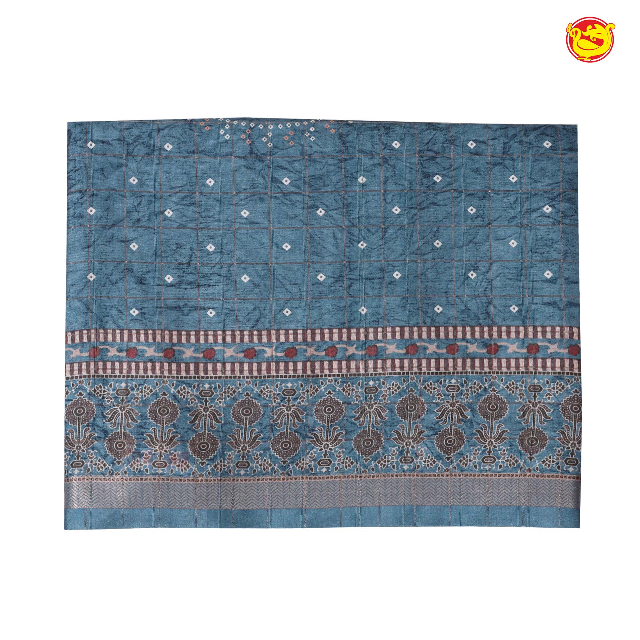 Sea Blue Bandhani Print Zari Border Russian Silk Saree