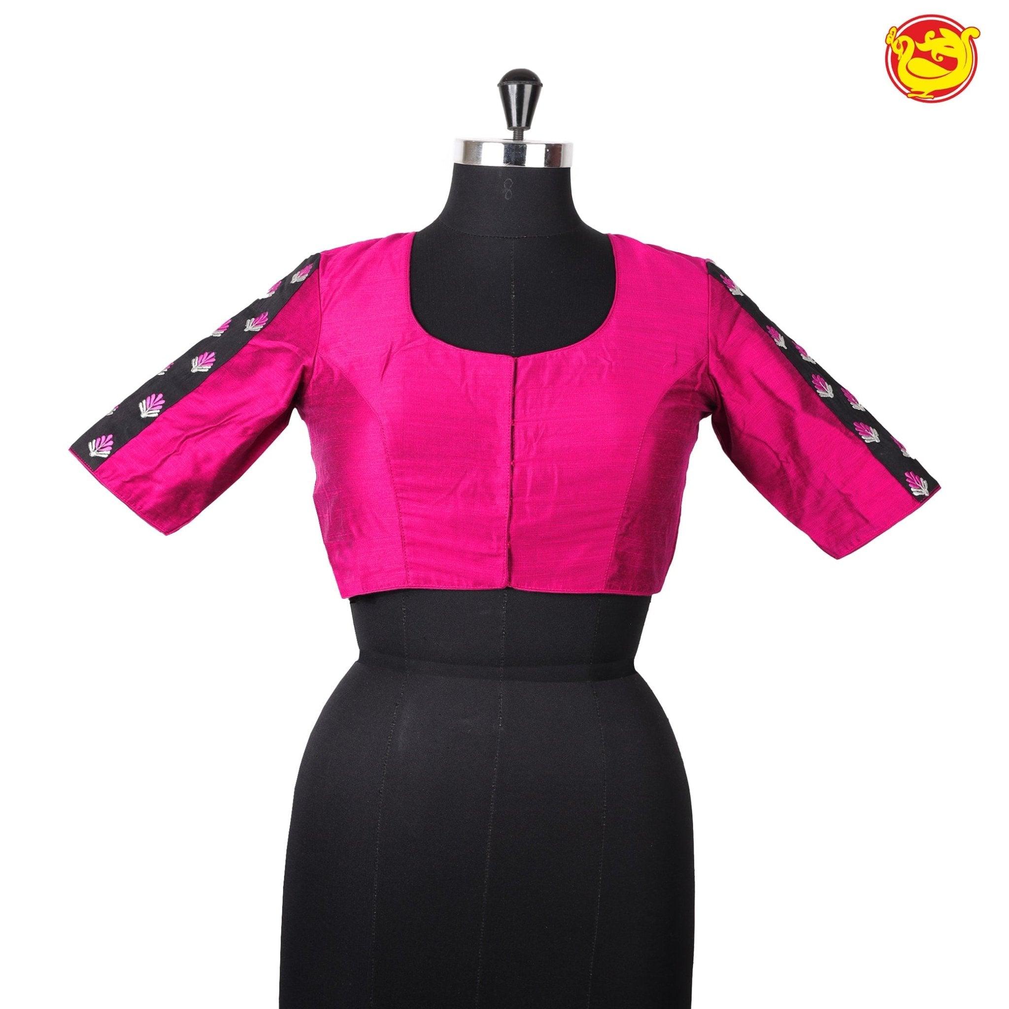 Magenta With Black Floral Embroidery Work Pure Cotton Ready made Blouse - Thenianantham