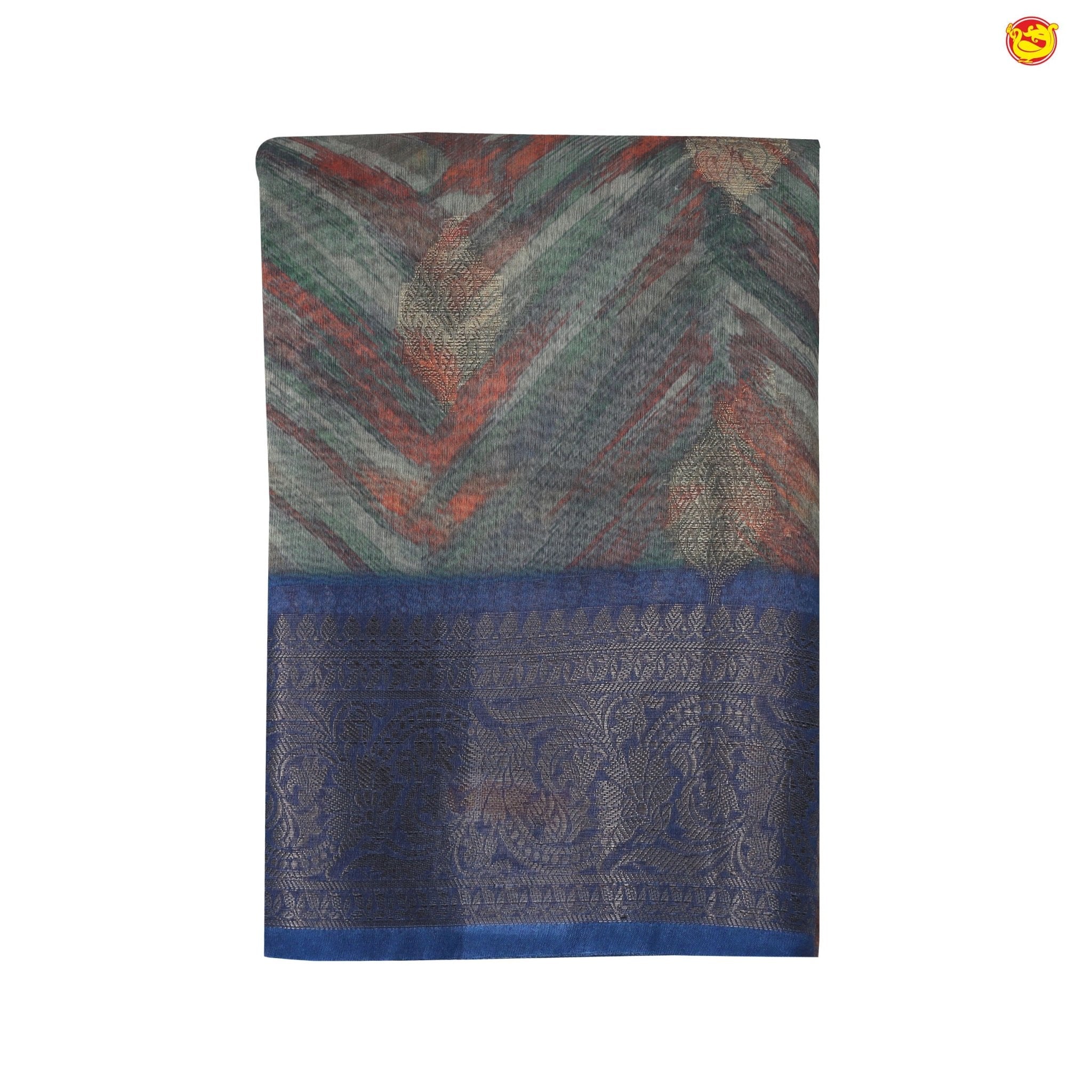 Unique Multicolour With Light Navy Blue Chanderi Silk Saree with Floral Motifs and Gold Zari Border