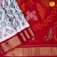 White With Red Ikat Soft Silk Saree - Thenianantham