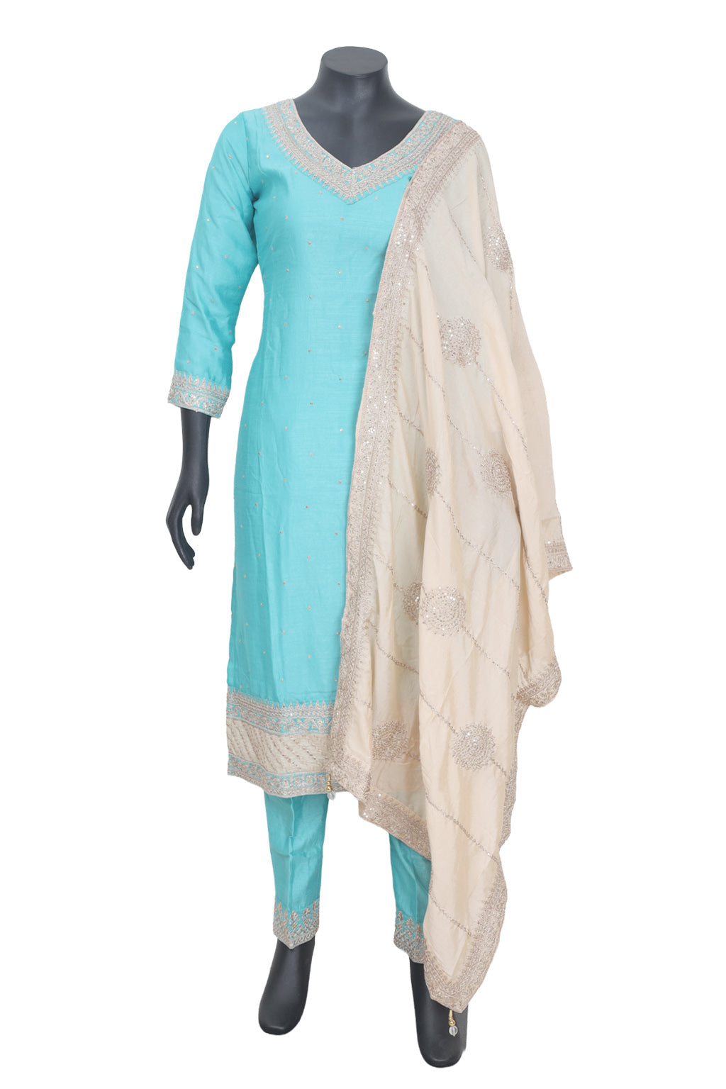 Baby Blue Ladies Branded Straight Cut Readymade  Chudi Set