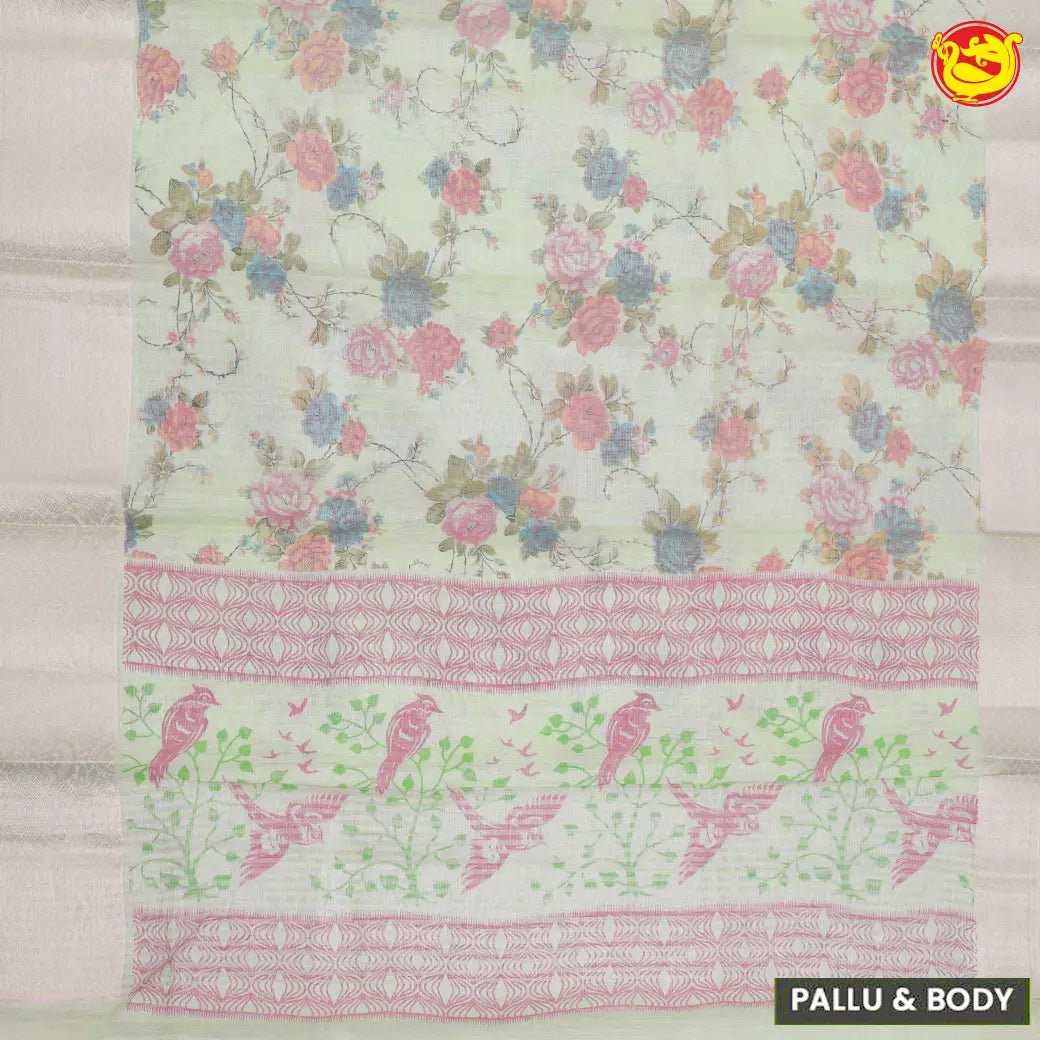 Pastel pista green linen tissue saree with floral digital prints